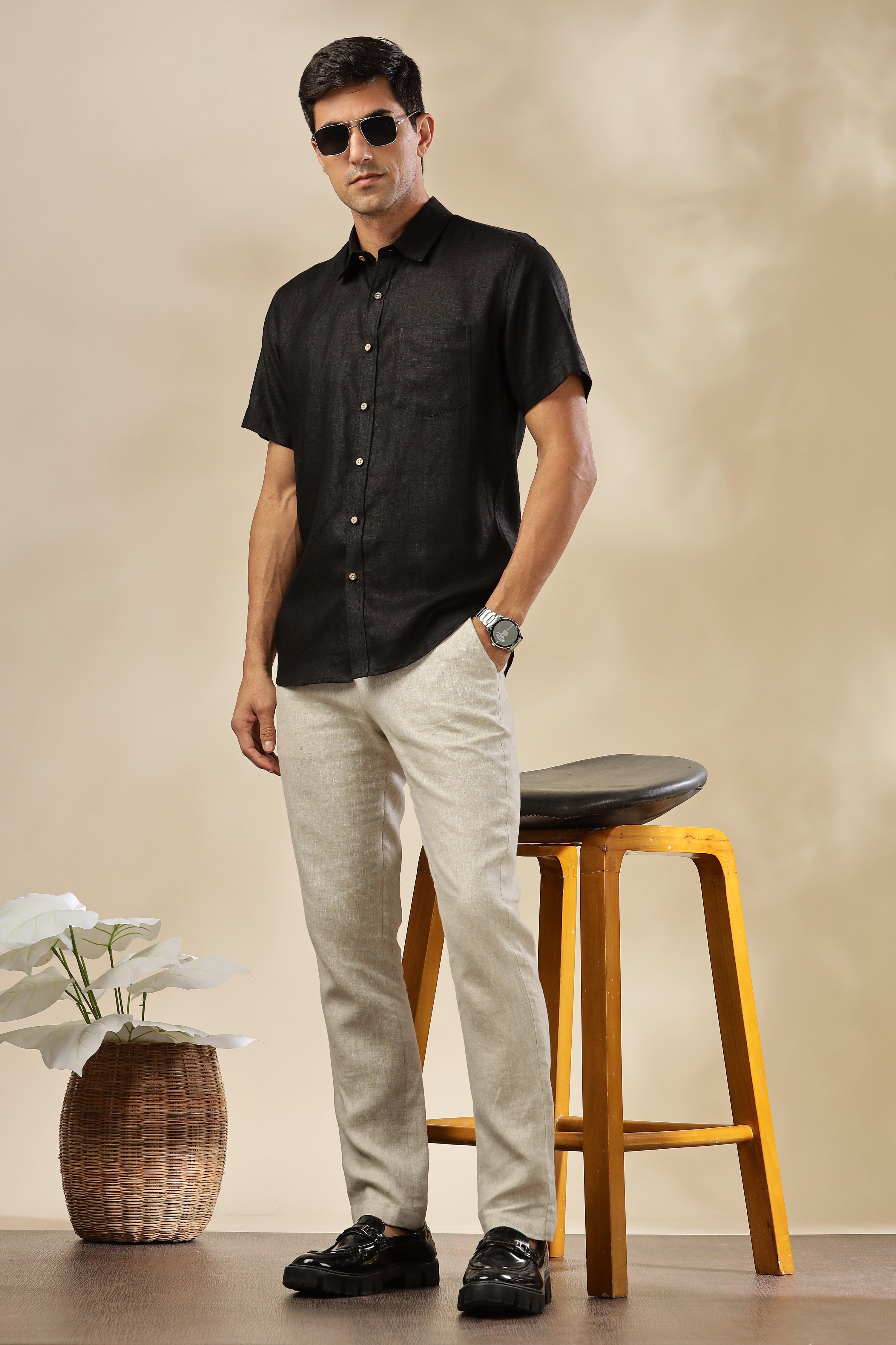 MARK Short Sleeves - 100% Pure Linen Regular Collar Black Shirt