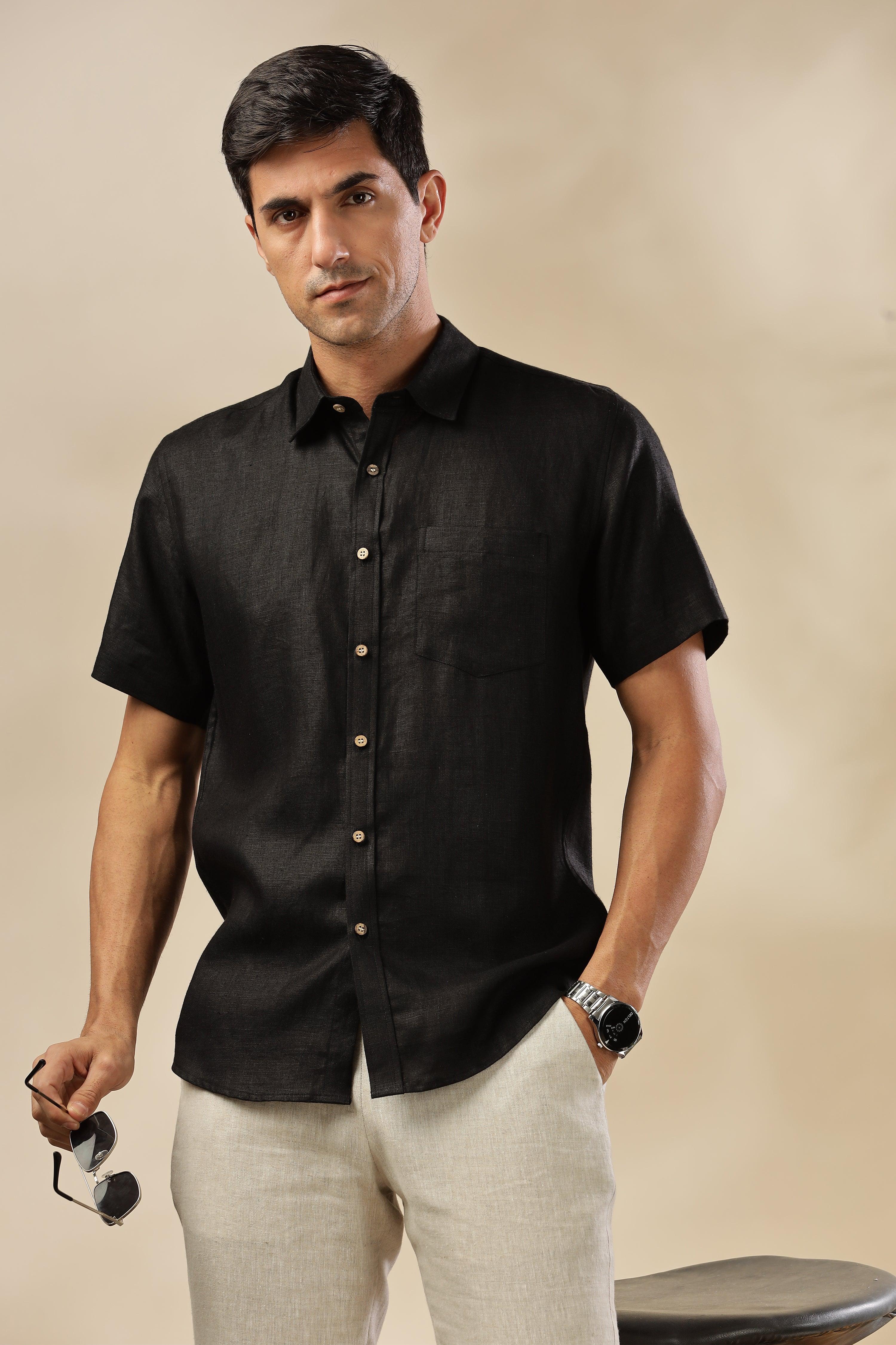 MARK Short Sleeves - 100% Pure Linen Regular Collar Black Shirt