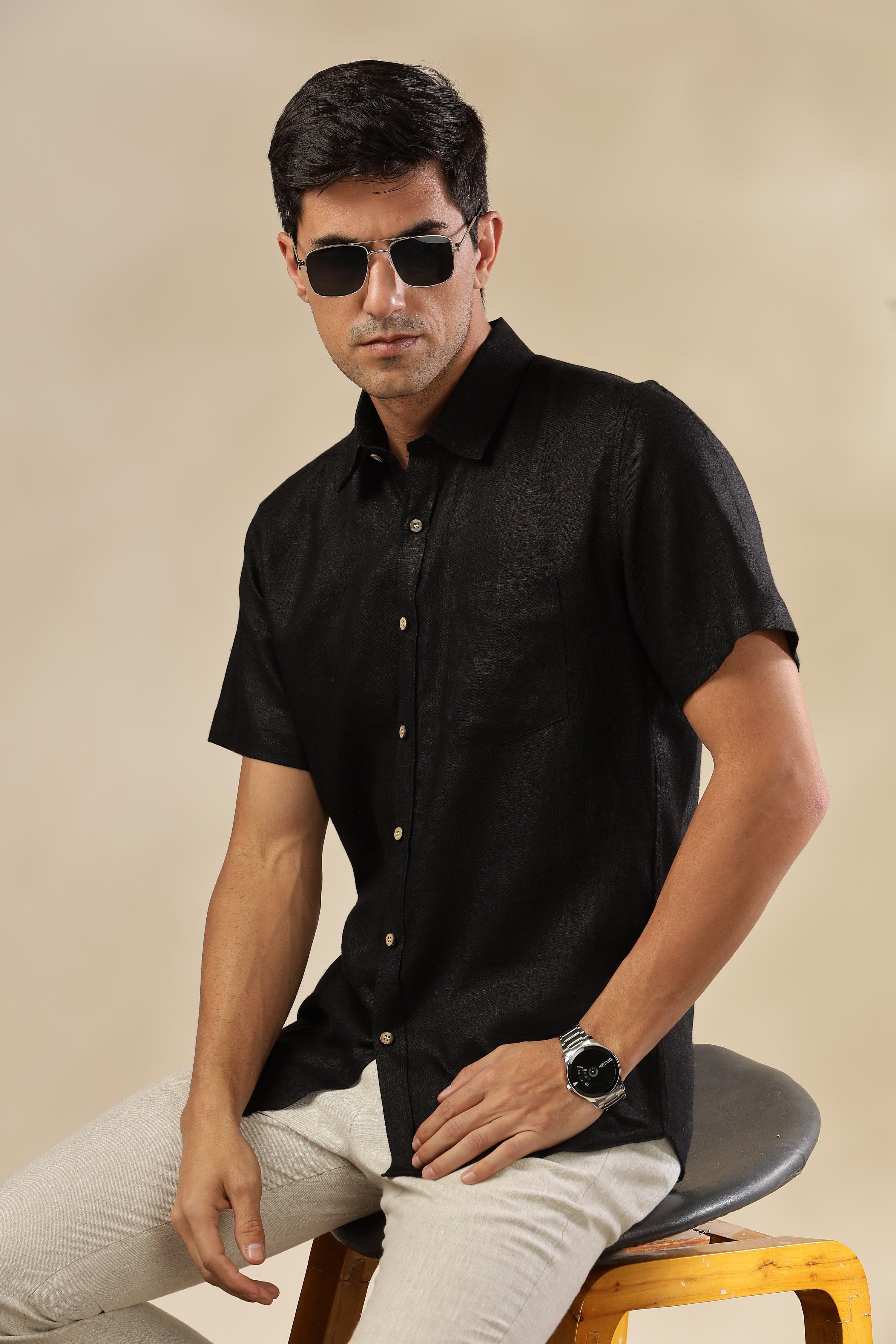MARK Short Sleeves - 100% Pure Linen Regular Collar Black Shirt