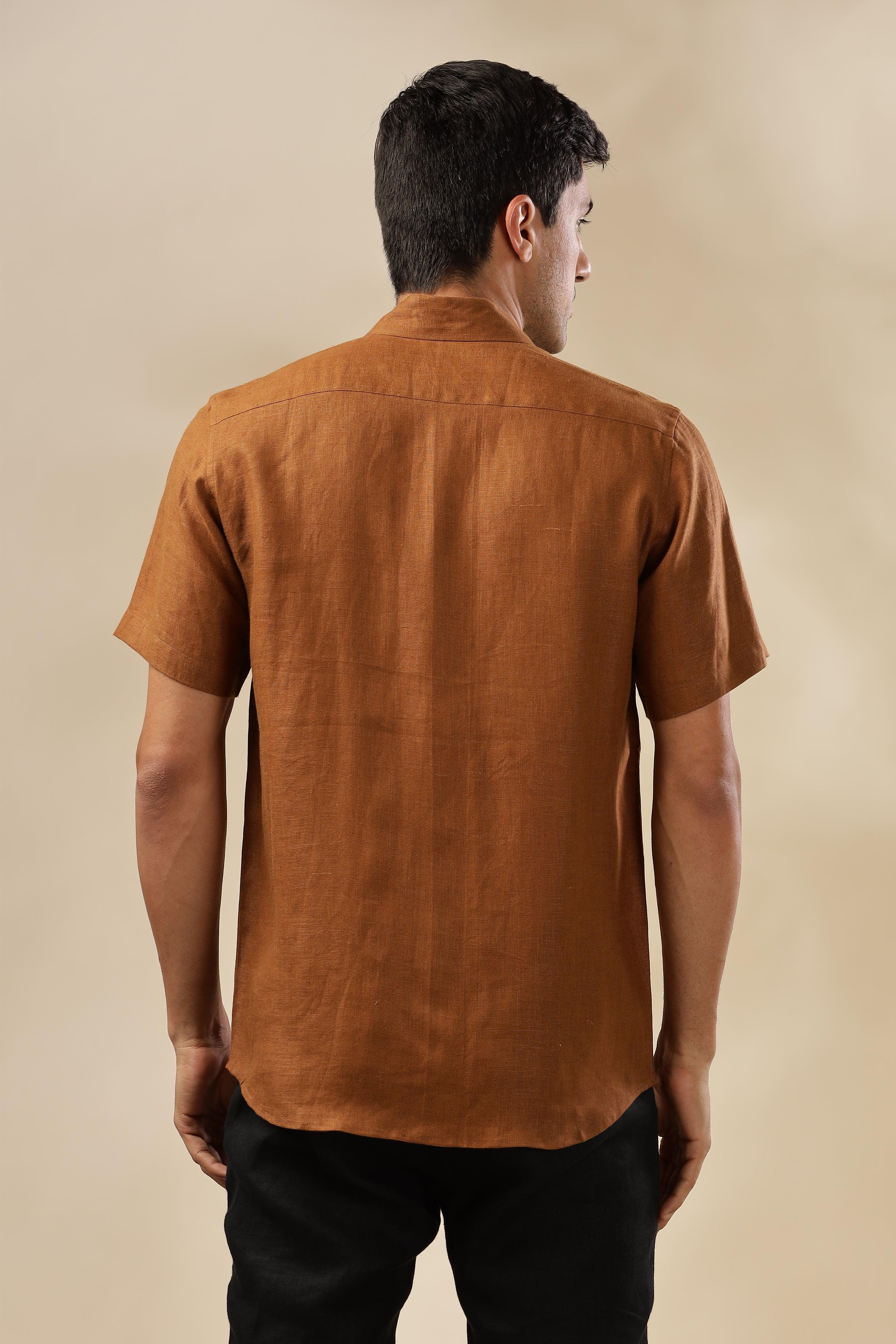 MARK Short Sleeves - 100% Pure Linen Regular Collar Coffee Brown Shirt