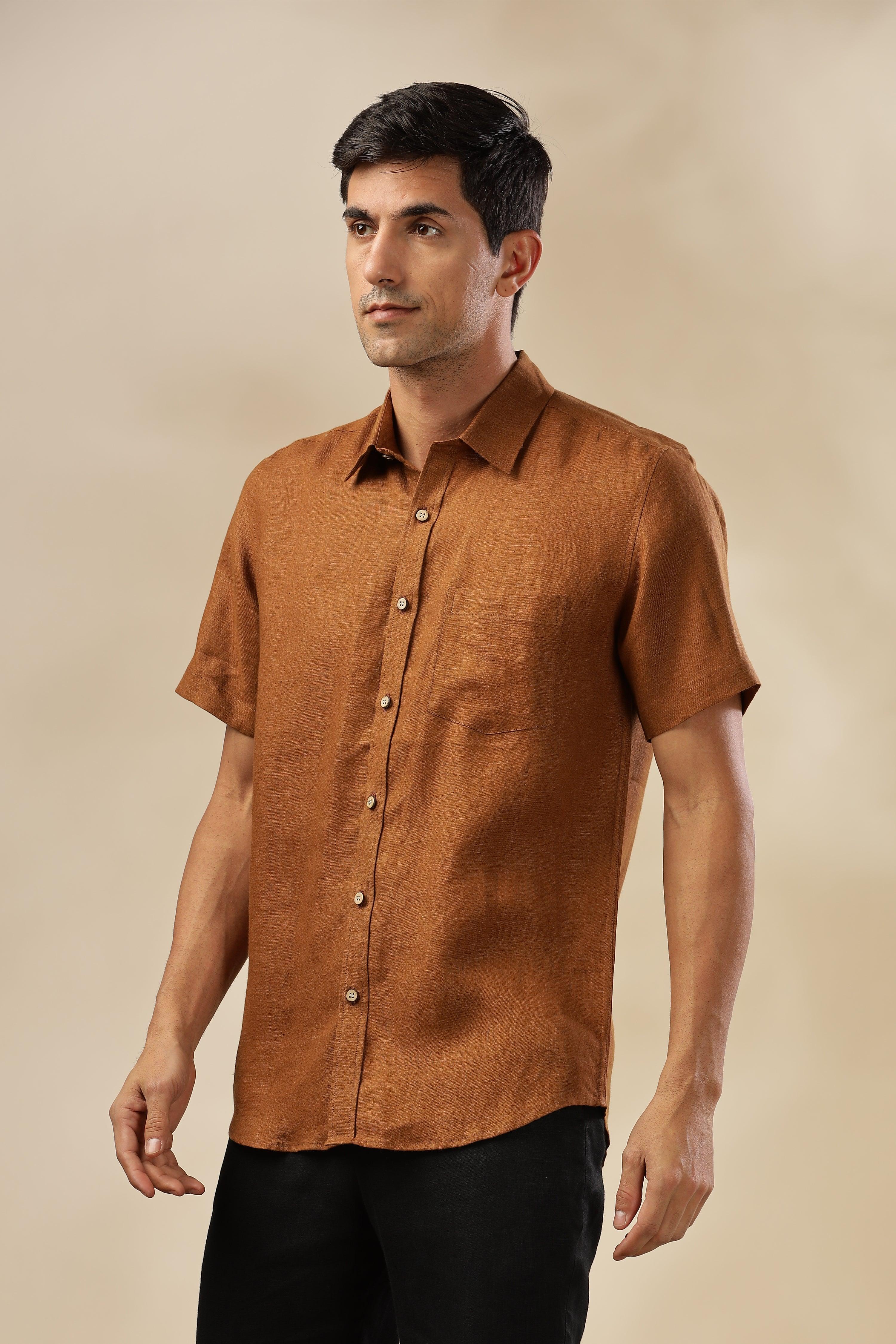 MARK Short Sleeves - 100% Pure Linen Regular Collar Coffee Brown Shirt