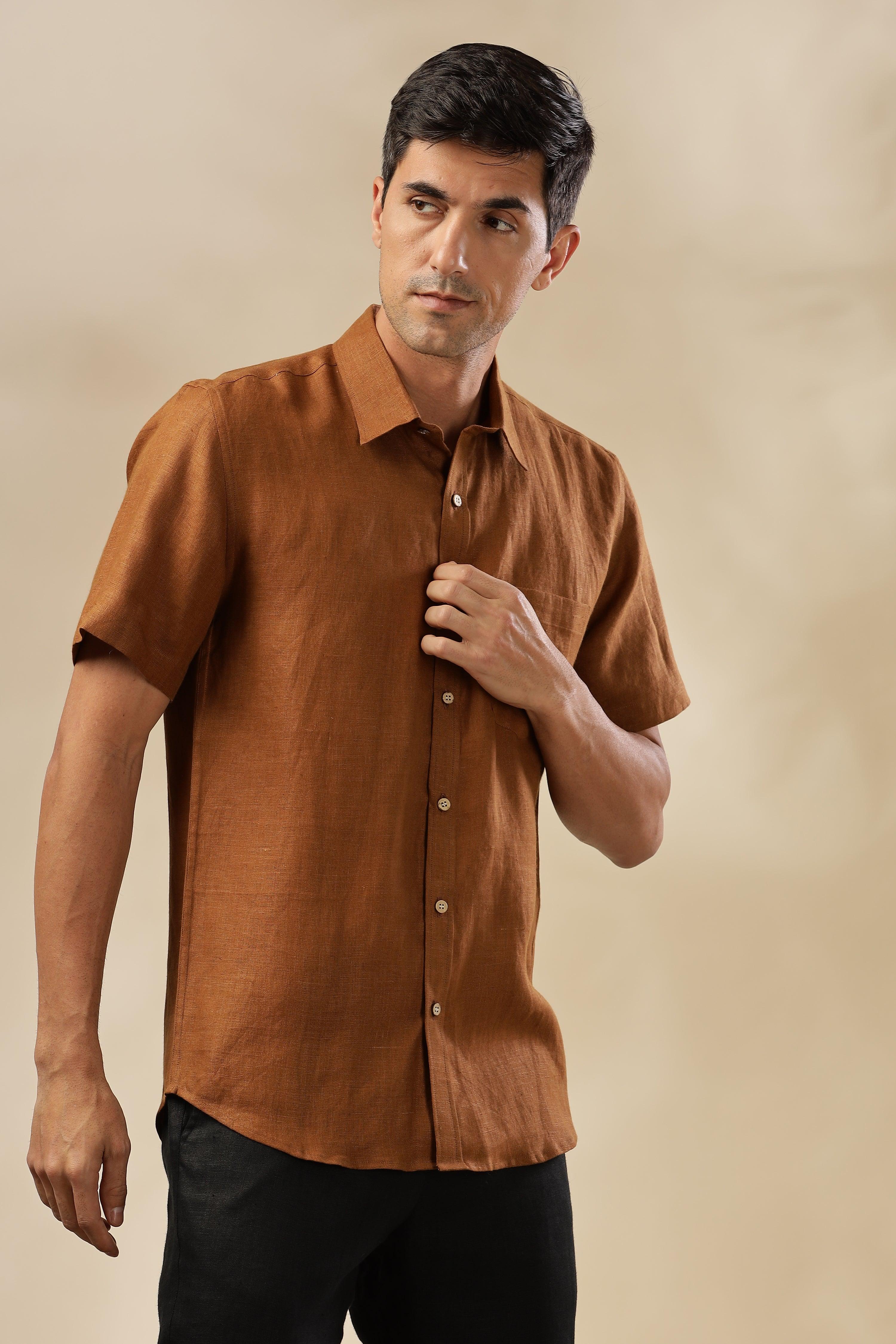 MARK Short Sleeves - 100% Pure Linen Regular Collar Coffee Brown Shirt