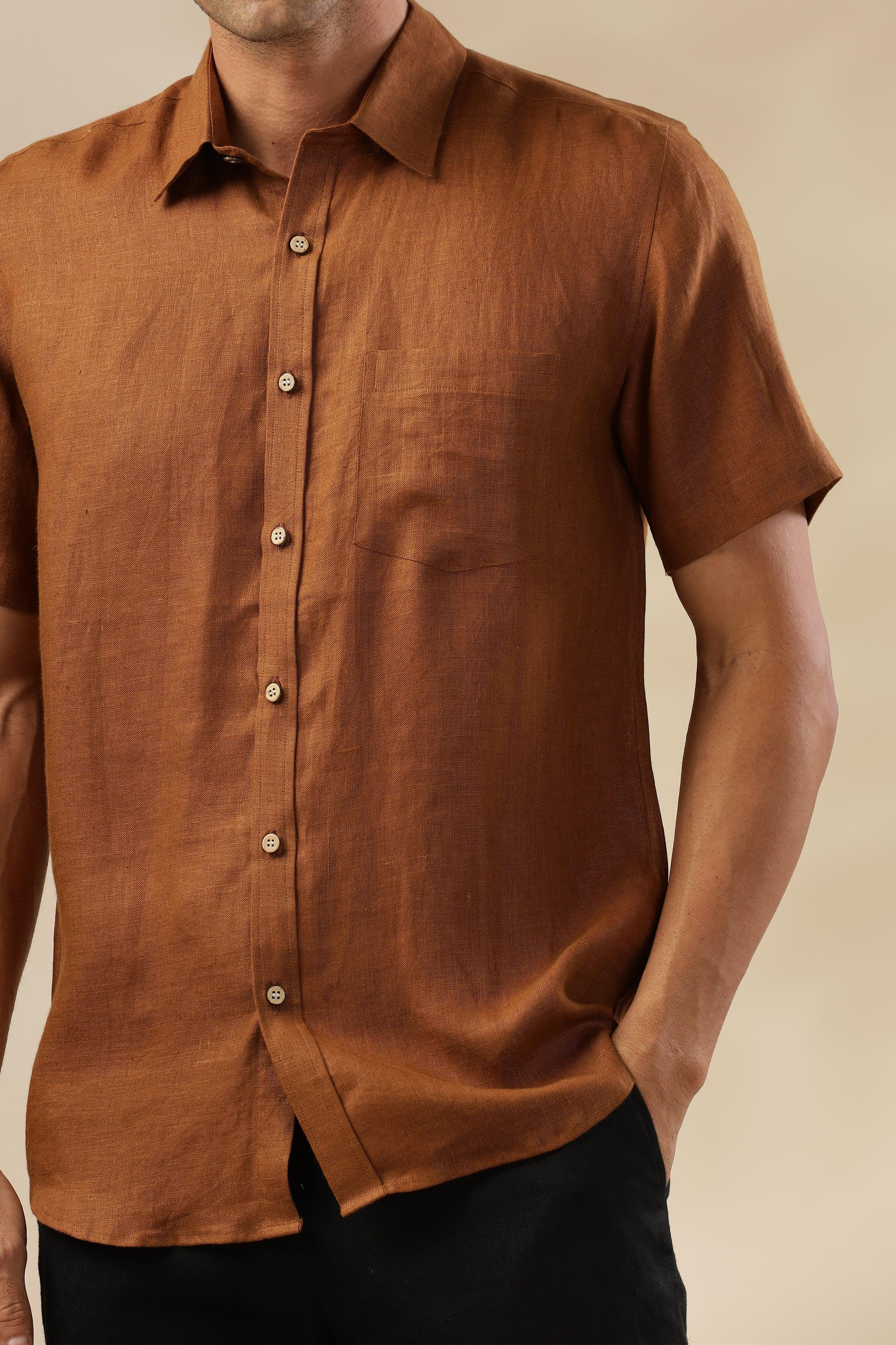 MARK Short Sleeves - 100% Pure Linen Regular Collar Coffee Brown Shirt