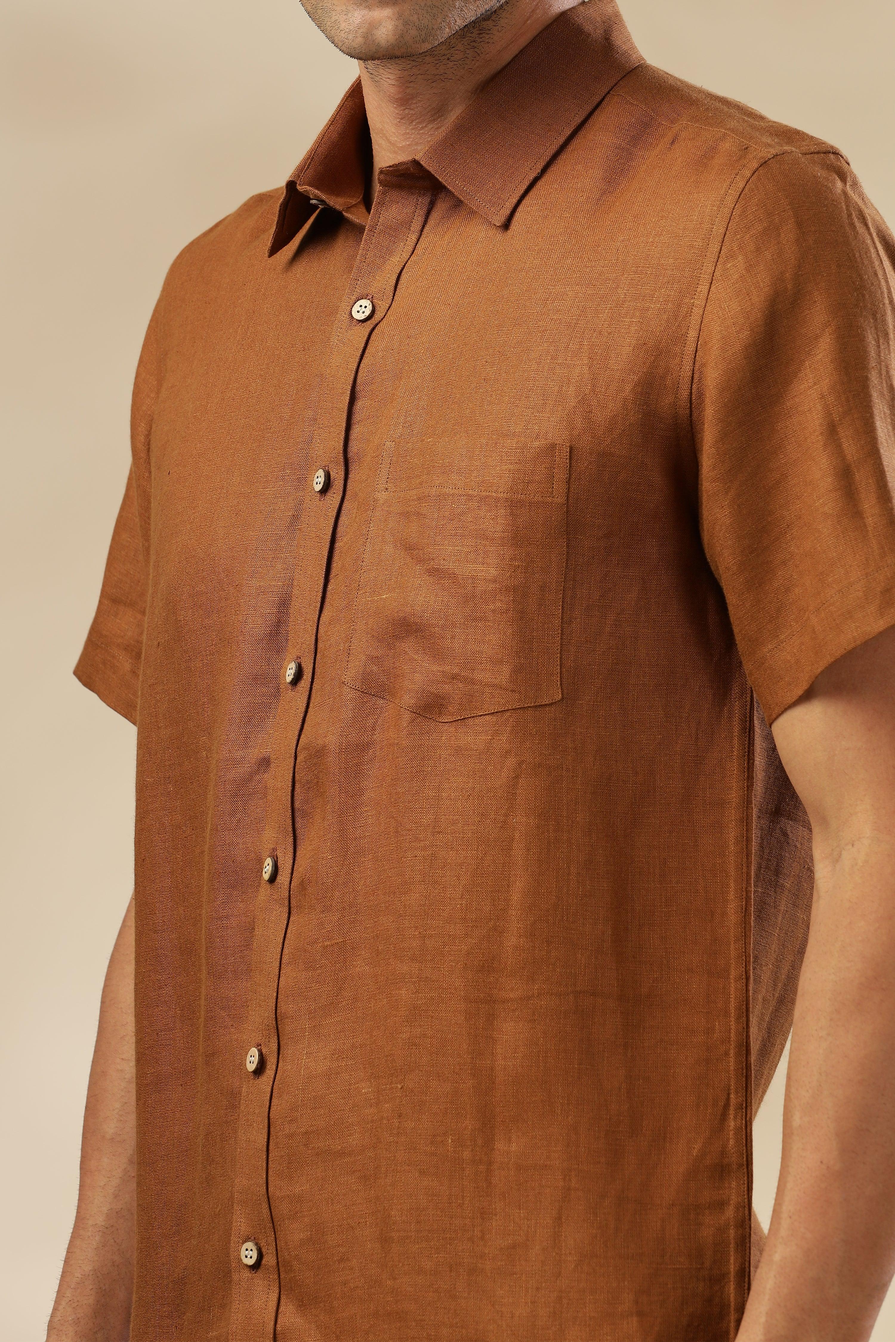 MARK Short Sleeves - 100% Pure Linen Regular Collar Coffee Brown Shirt