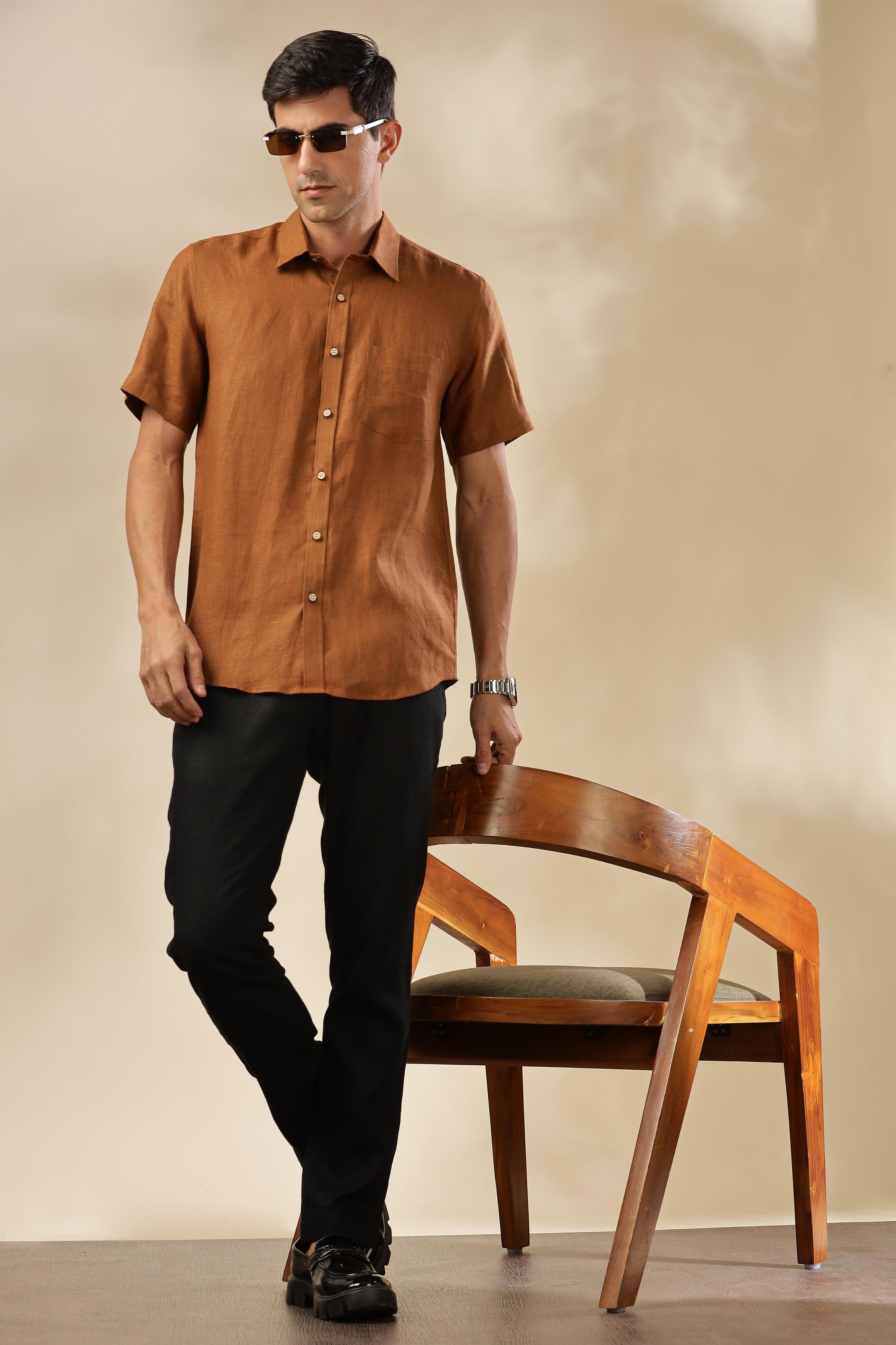 MARK Short Sleeves - 100% Pure Linen Regular Collar Coffee Brown Shirt