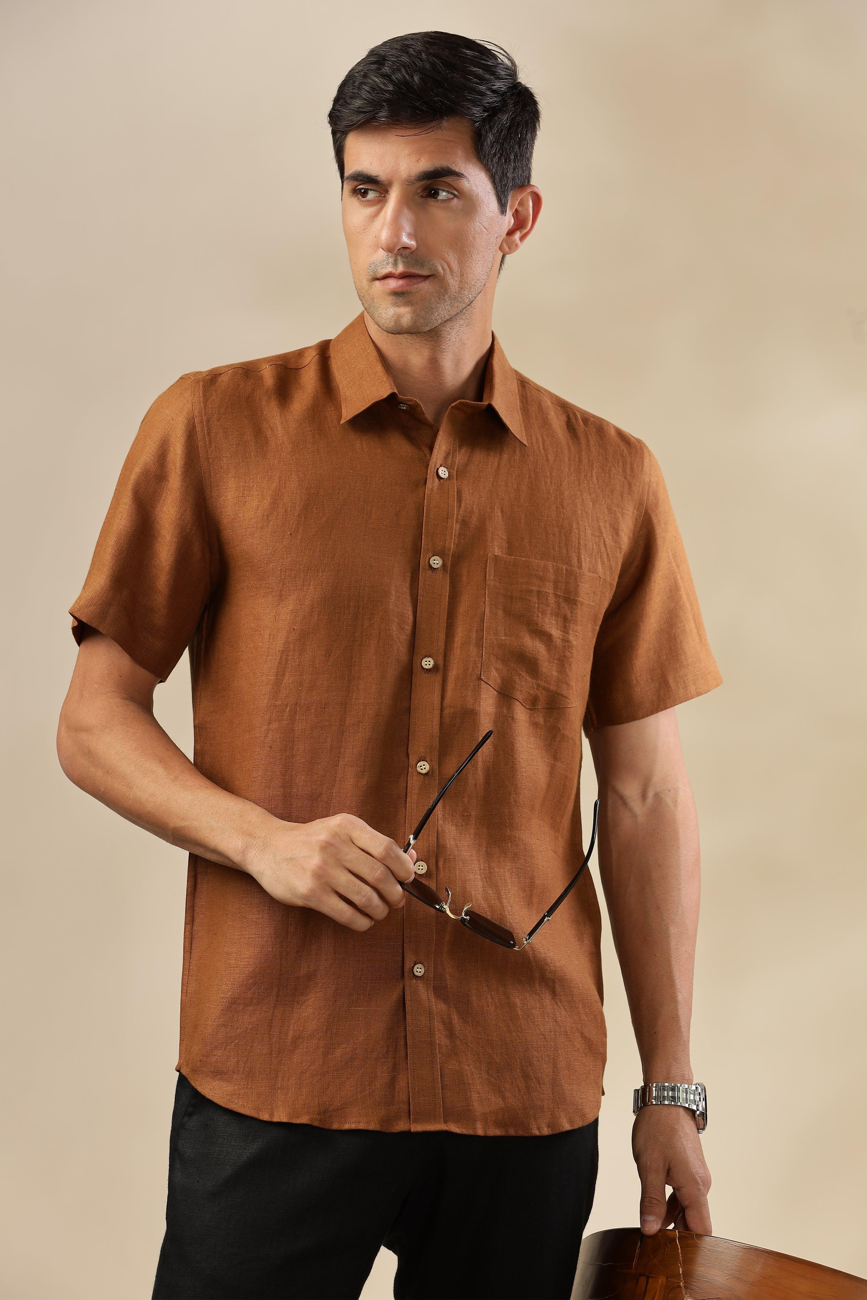 MARK Short Sleeves - 100% Pure Linen Regular Collar Coffee Brown Shirt