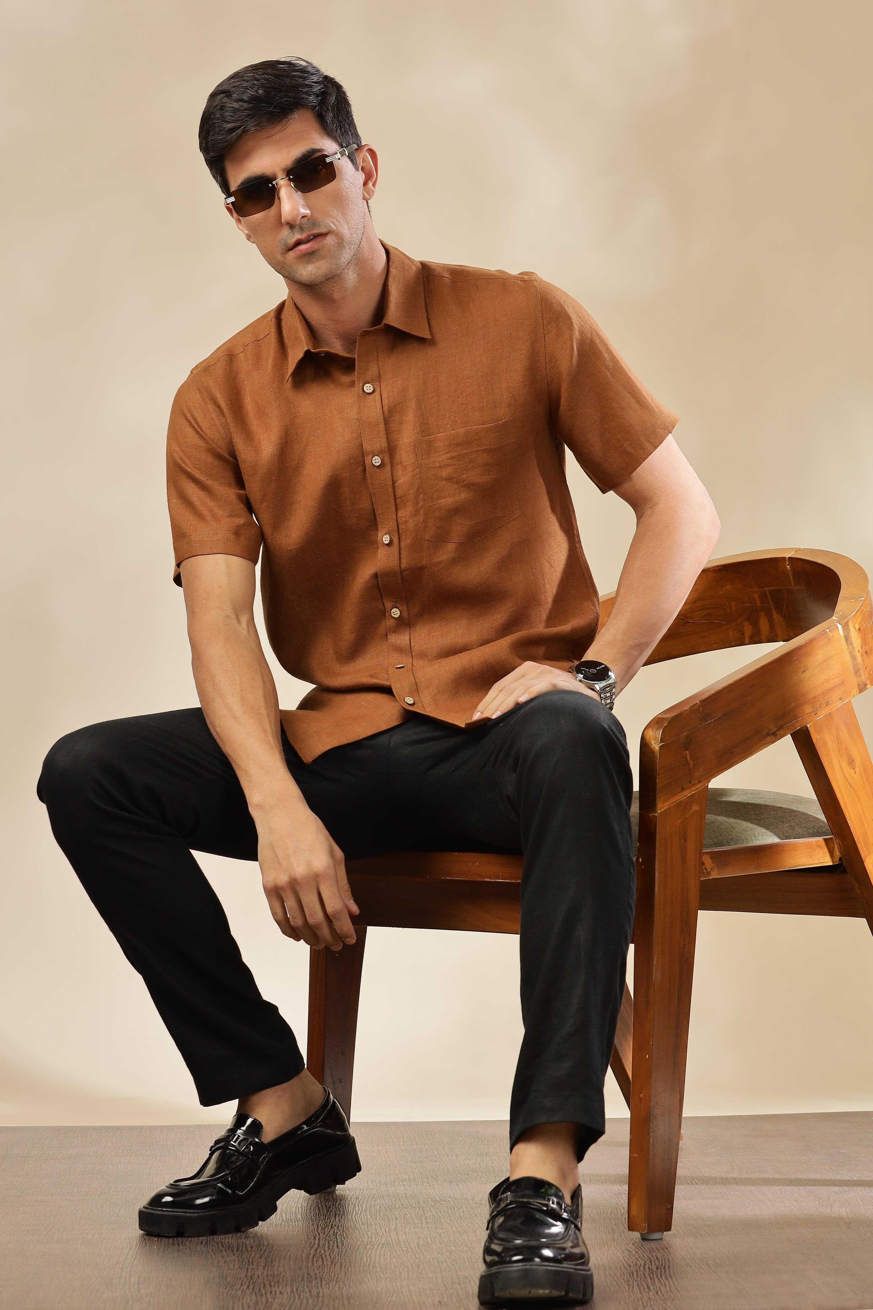 MARK Short Sleeves - 100% Pure Linen Regular Collar Coffee Brown Shirt