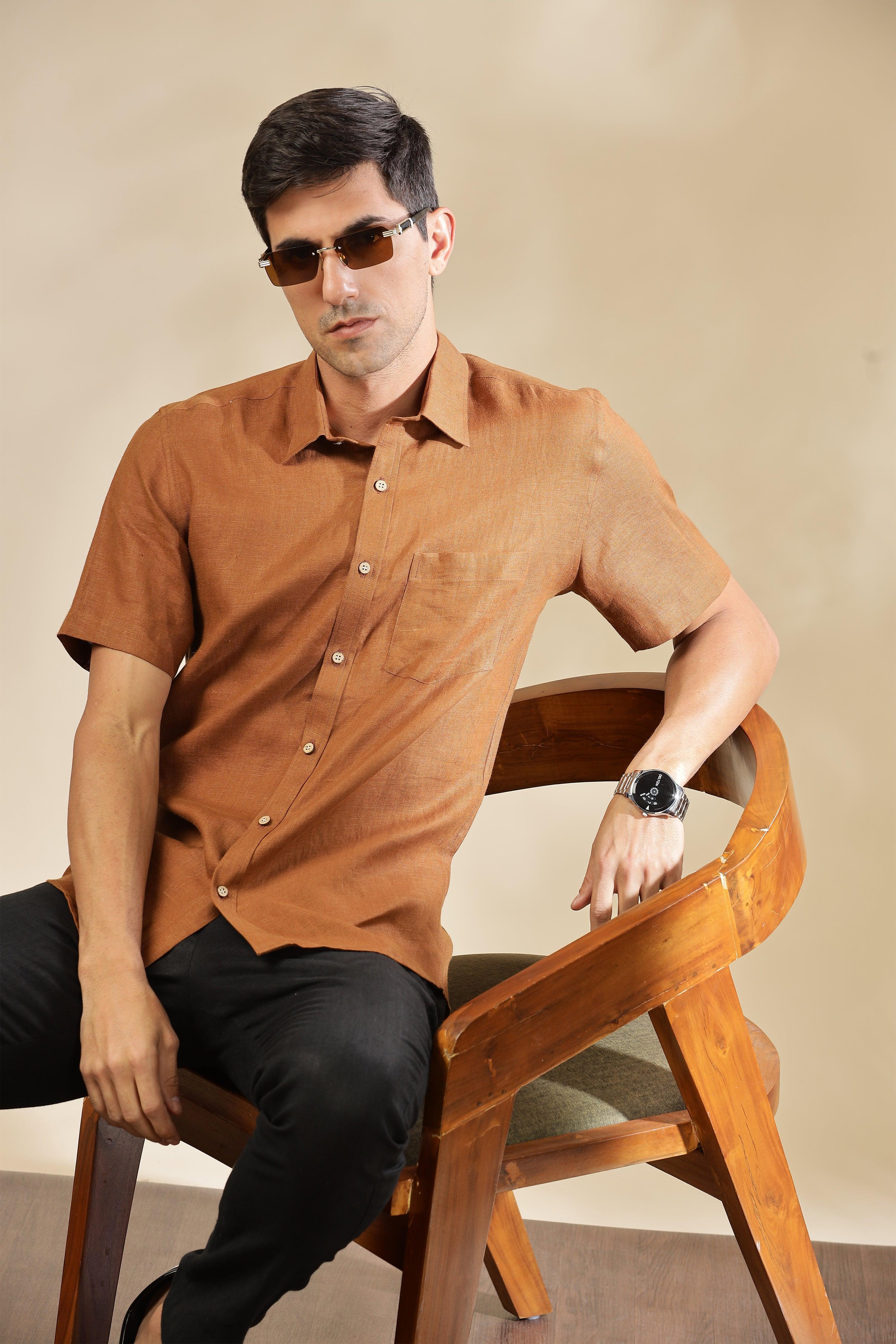 MARK Short Sleeves - 100% Pure Linen Regular Collar Coffee Brown Shirt