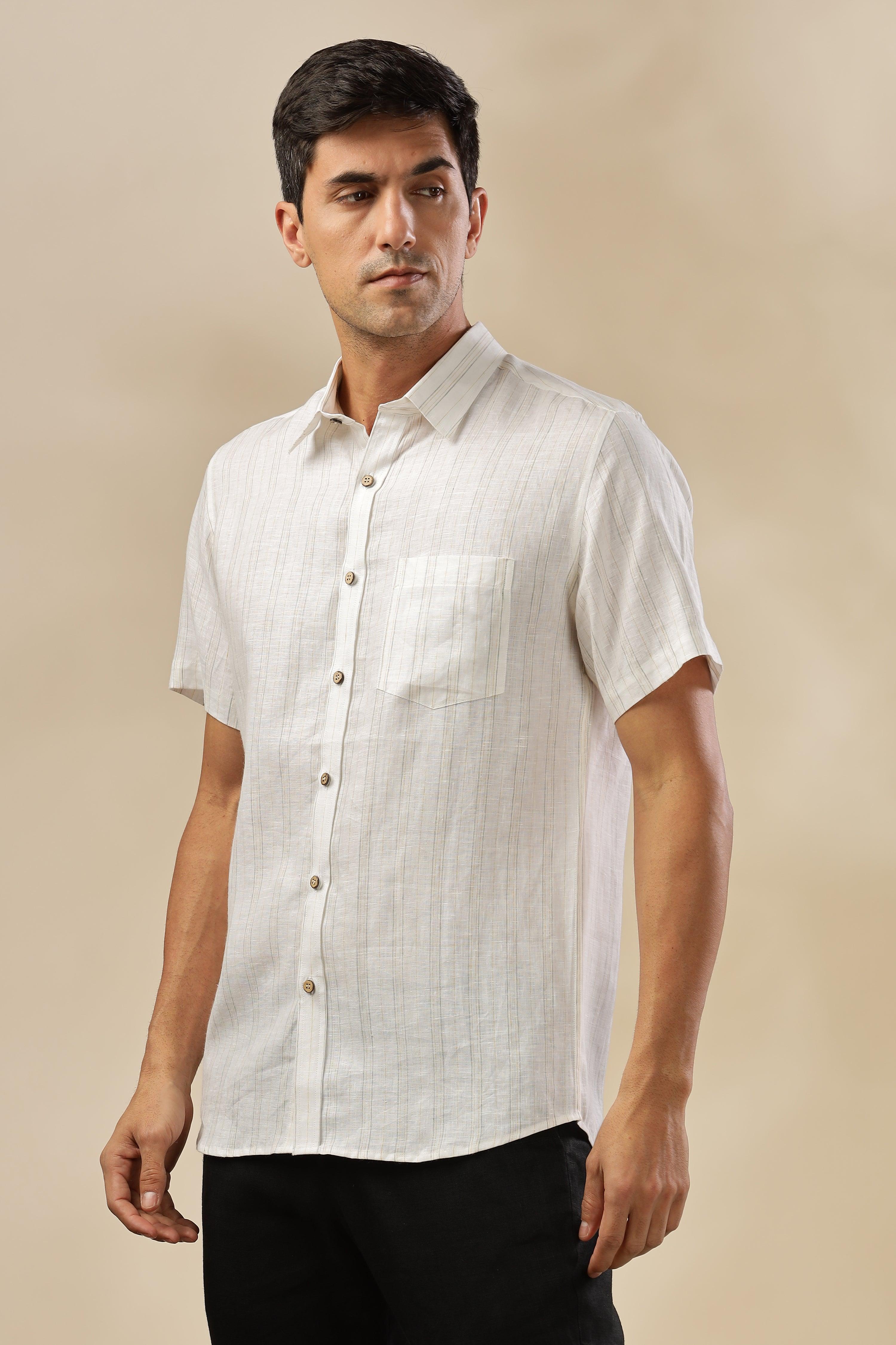 MARK - Everyday Essential 100 % Pure Linen Grey & Yellow Stripe Shirt Short Sleeves