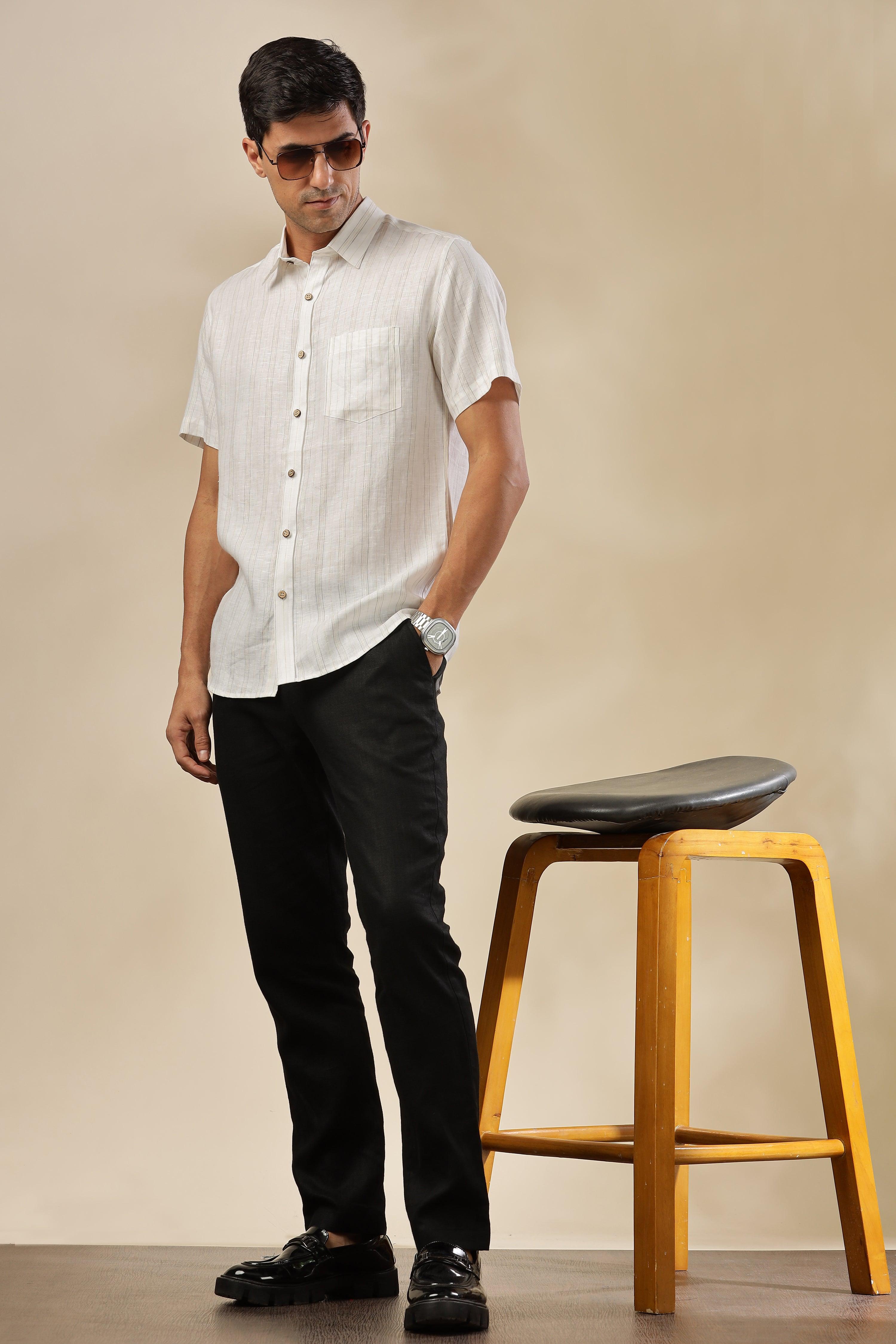 MARK - Everyday Essential 100 % Pure Linen Grey & Yellow Stripe Shirt Short Sleeves