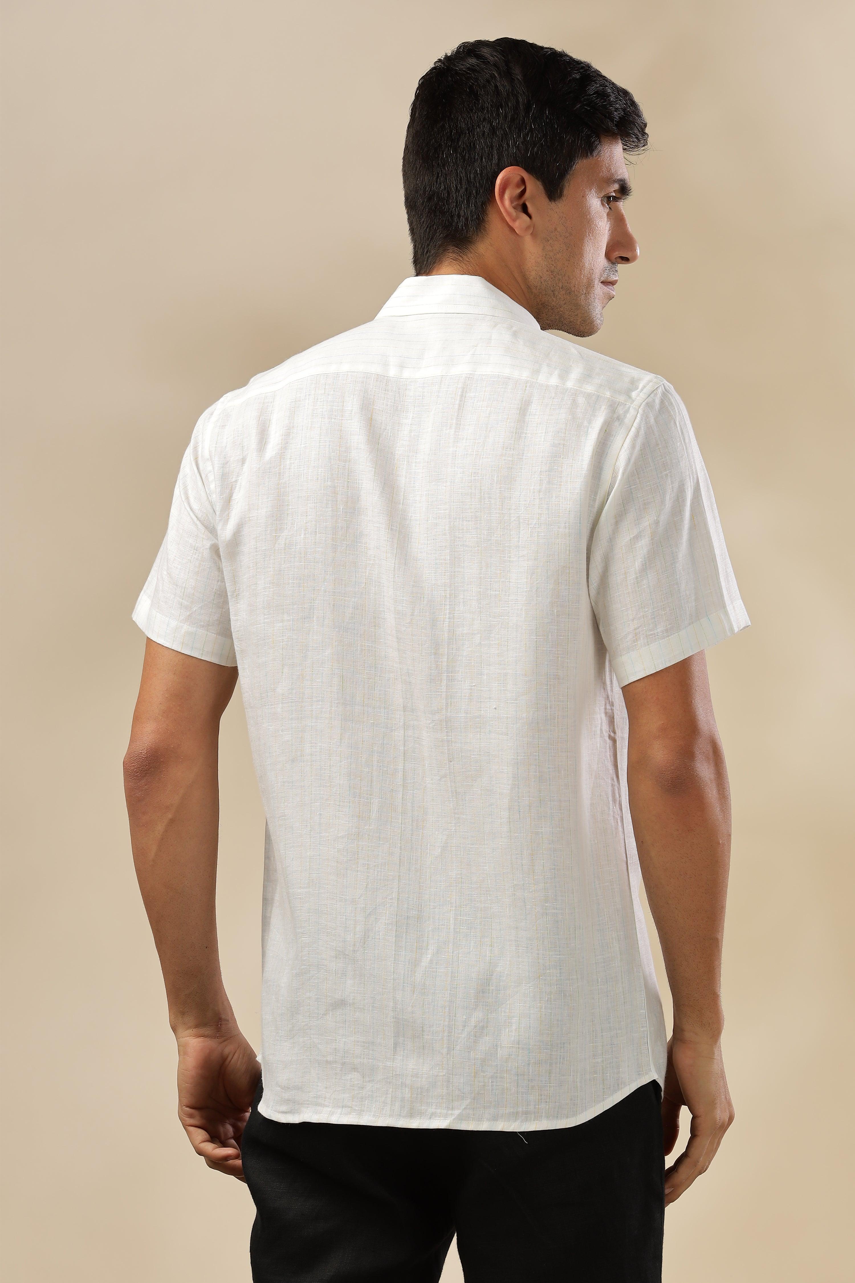 MARK - Everyday Essential 100 % Pure Linen Multi-Colored Stripe Shirt Short Sleeves
