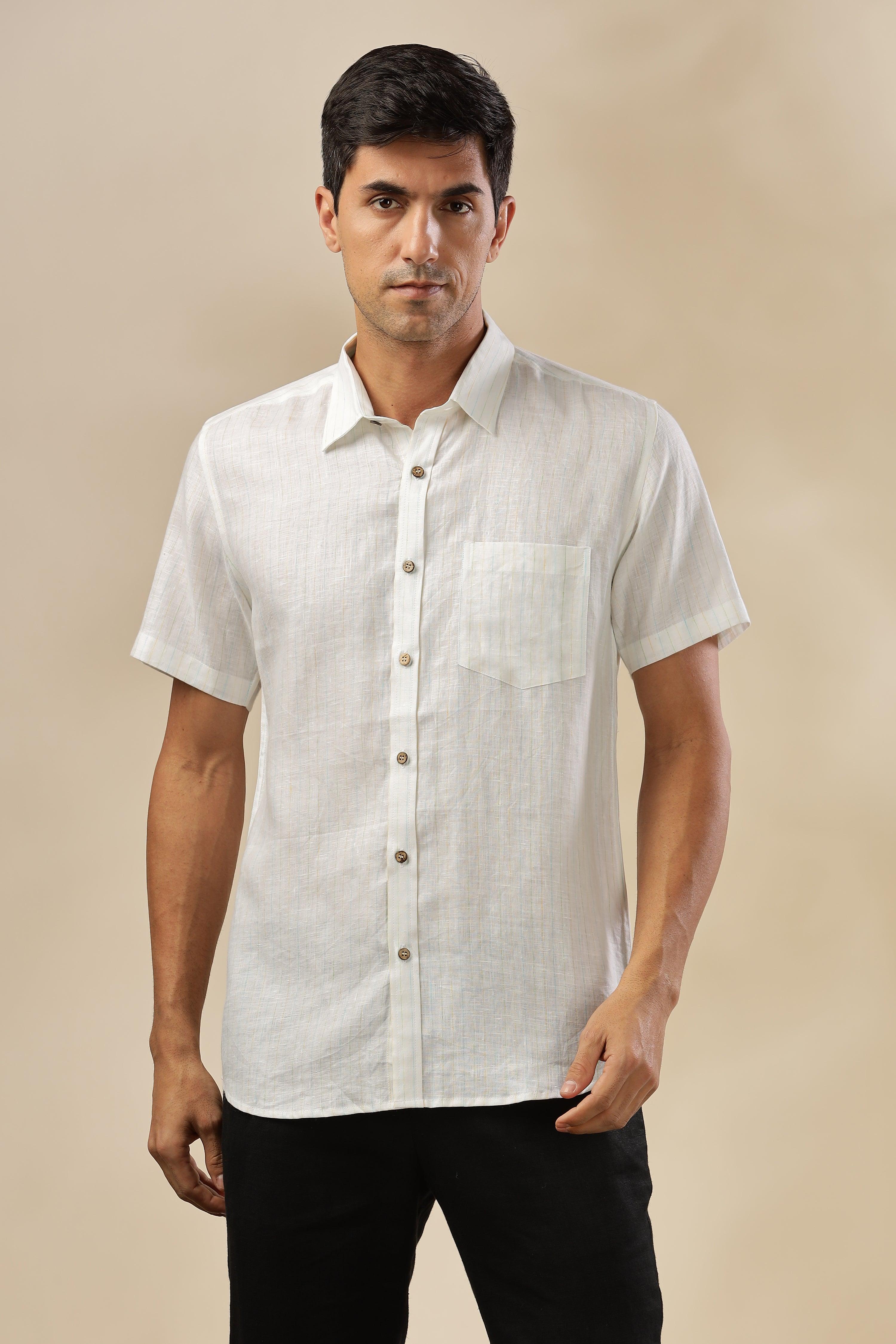 MARK - Everyday Essential 100 % Pure Linen Multi-Colored Stripe Shirt Short Sleeves