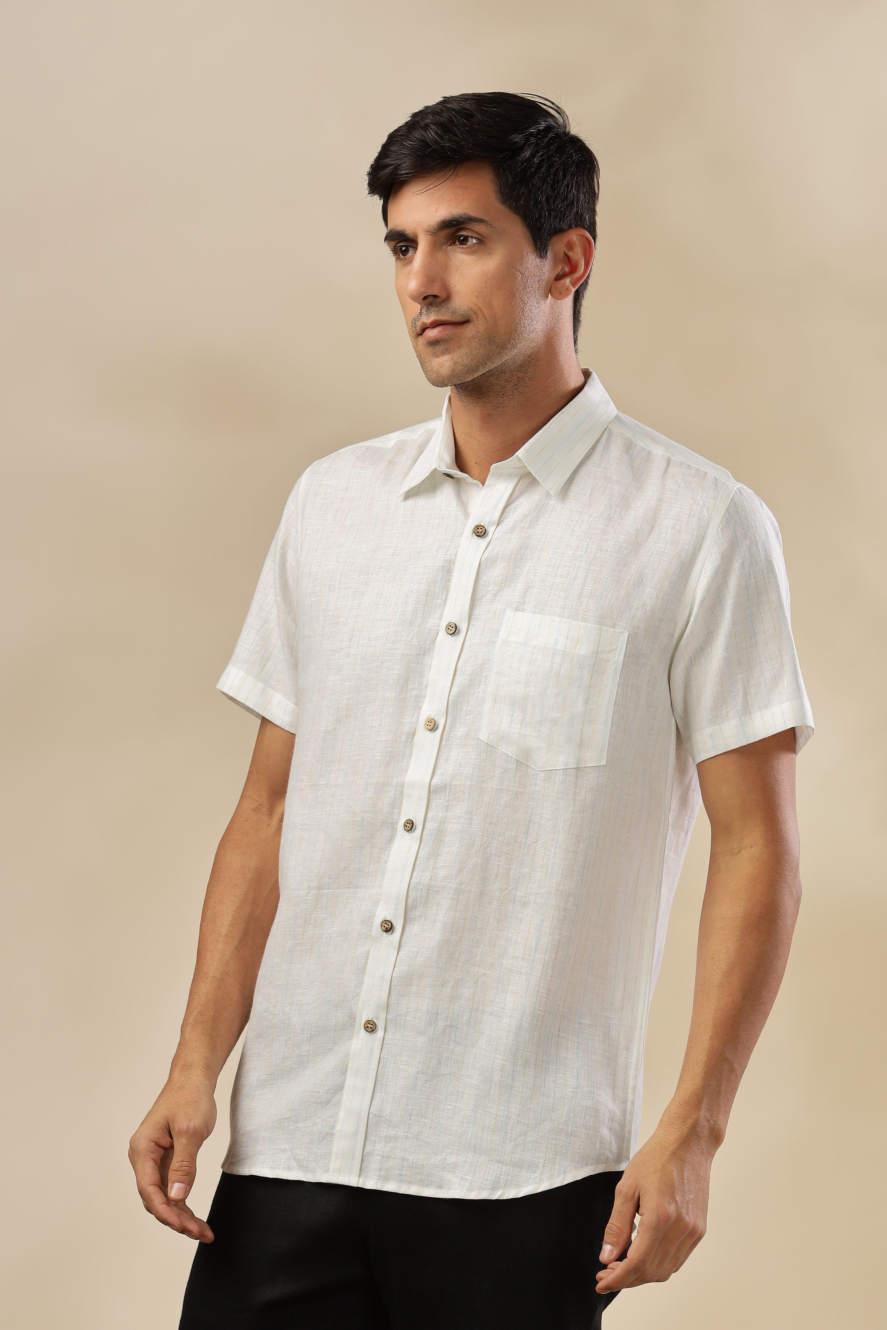 MARK - Everyday Essential 100 % Pure Linen Multi-Colored Stripe Shirt Short Sleeves