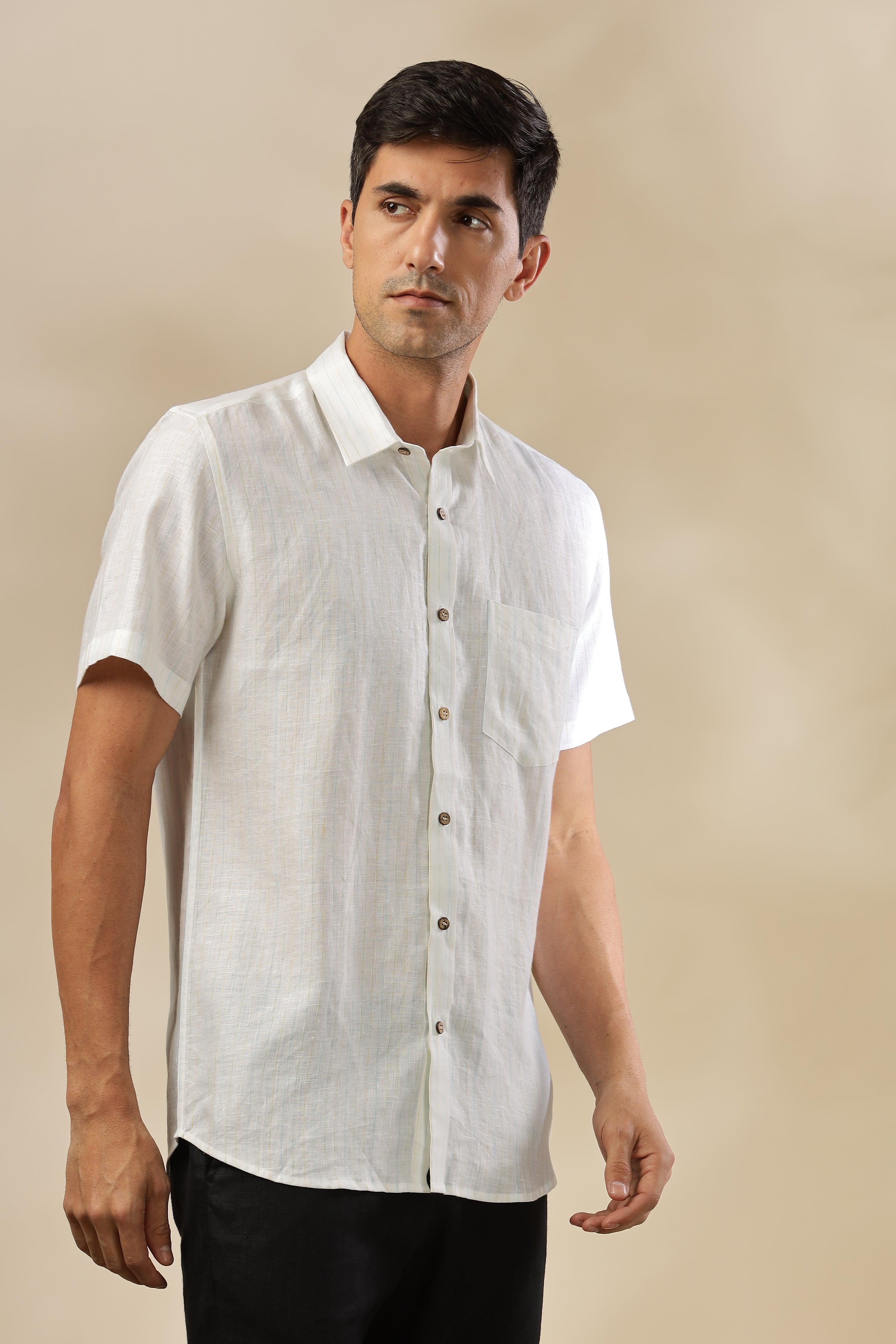 MARK - Everyday Essential 100 % Pure Linen Multi-Colored Stripe Shirt Short Sleeves
