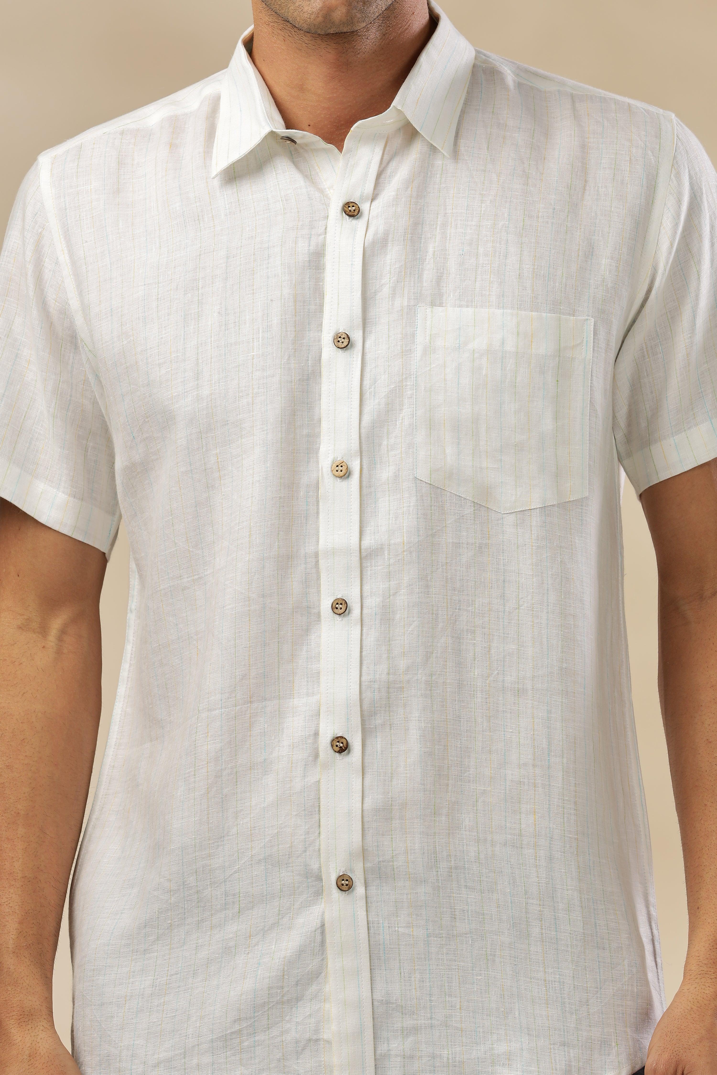 MARK - Everyday  Essential 100 % Pure Linen Multi-Colored Stripe Shirt Short Sleeves