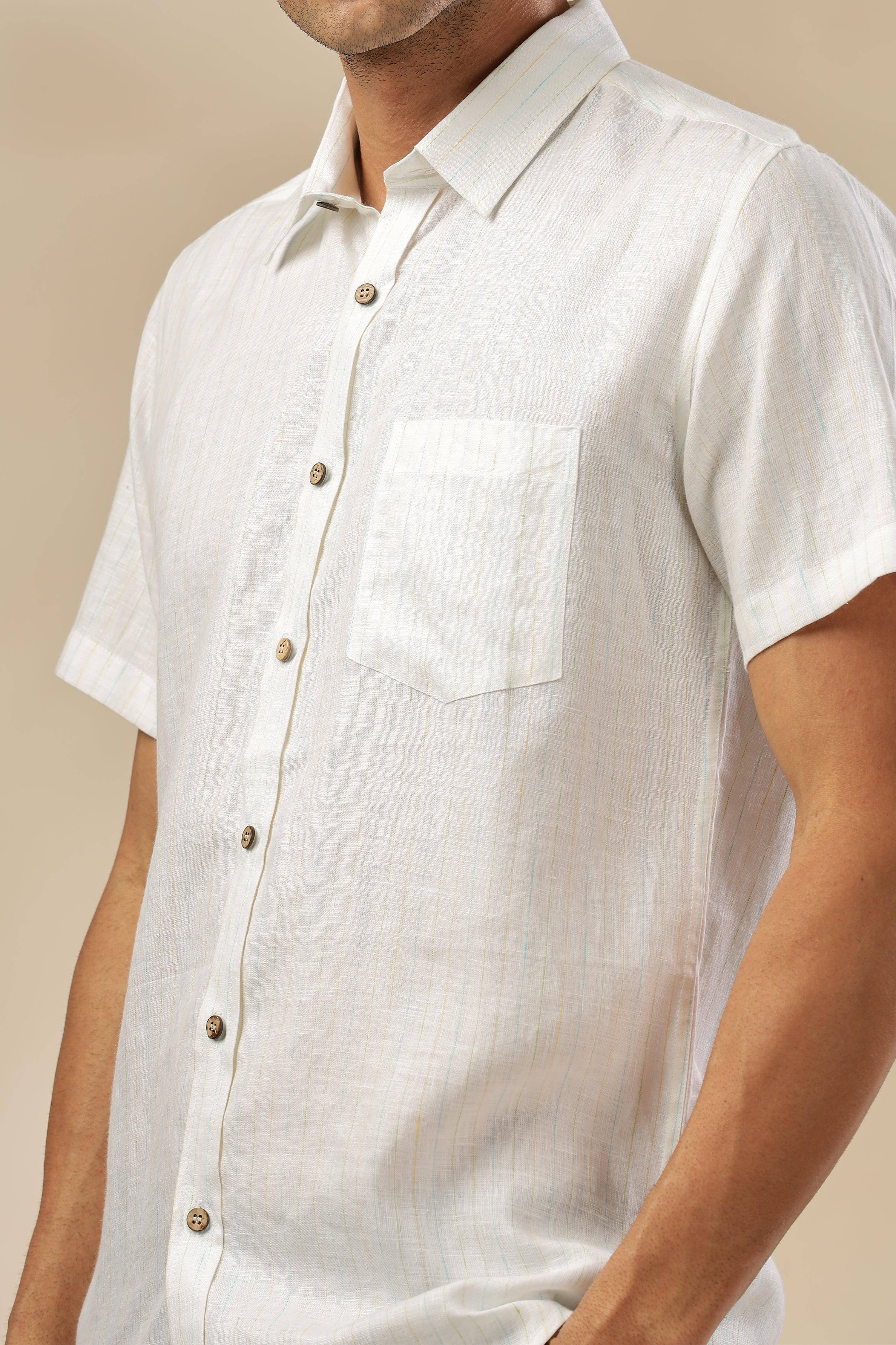 MARK - Everyday  Essential 100 % Pure Linen Multi-Colored Stripe Shirt Short Sleeves