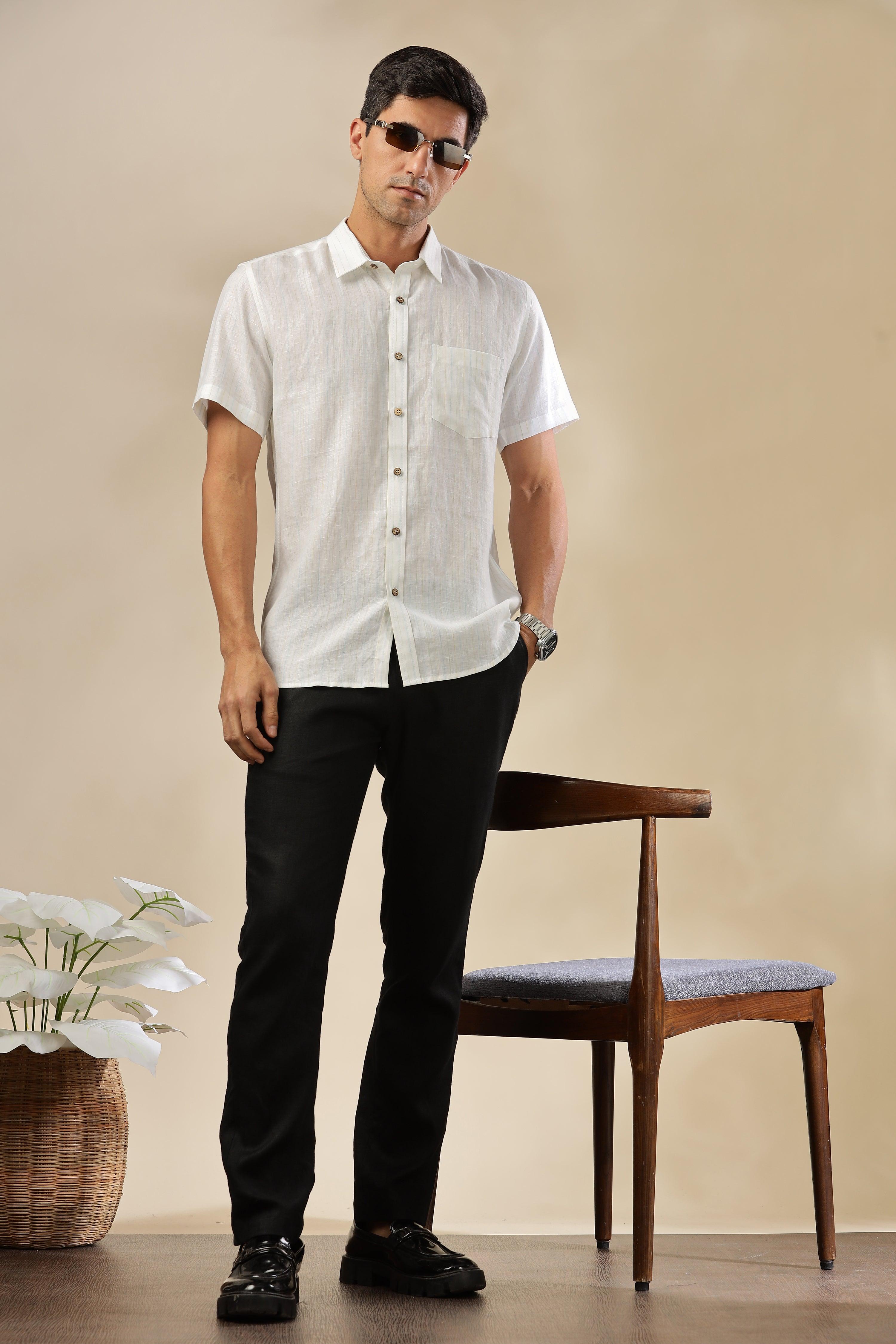 MARK - Everyday Essential 100 % Pure Linen Multi-Colored Stripe Shirt Short Sleeves