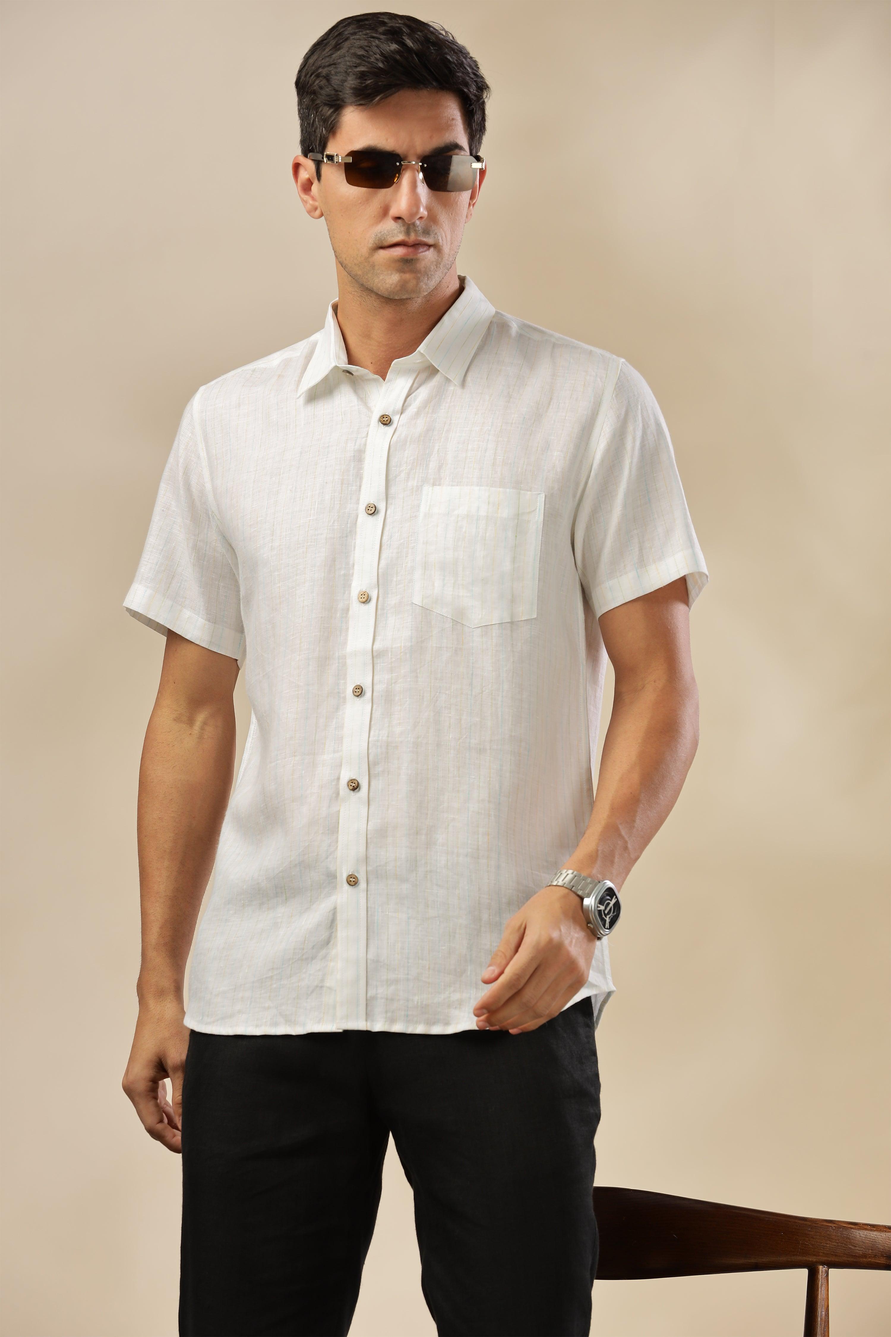 MARK - Everyday Essential 100 % Pure Linen Multi-Colored Stripe Shirt Short Sleeves