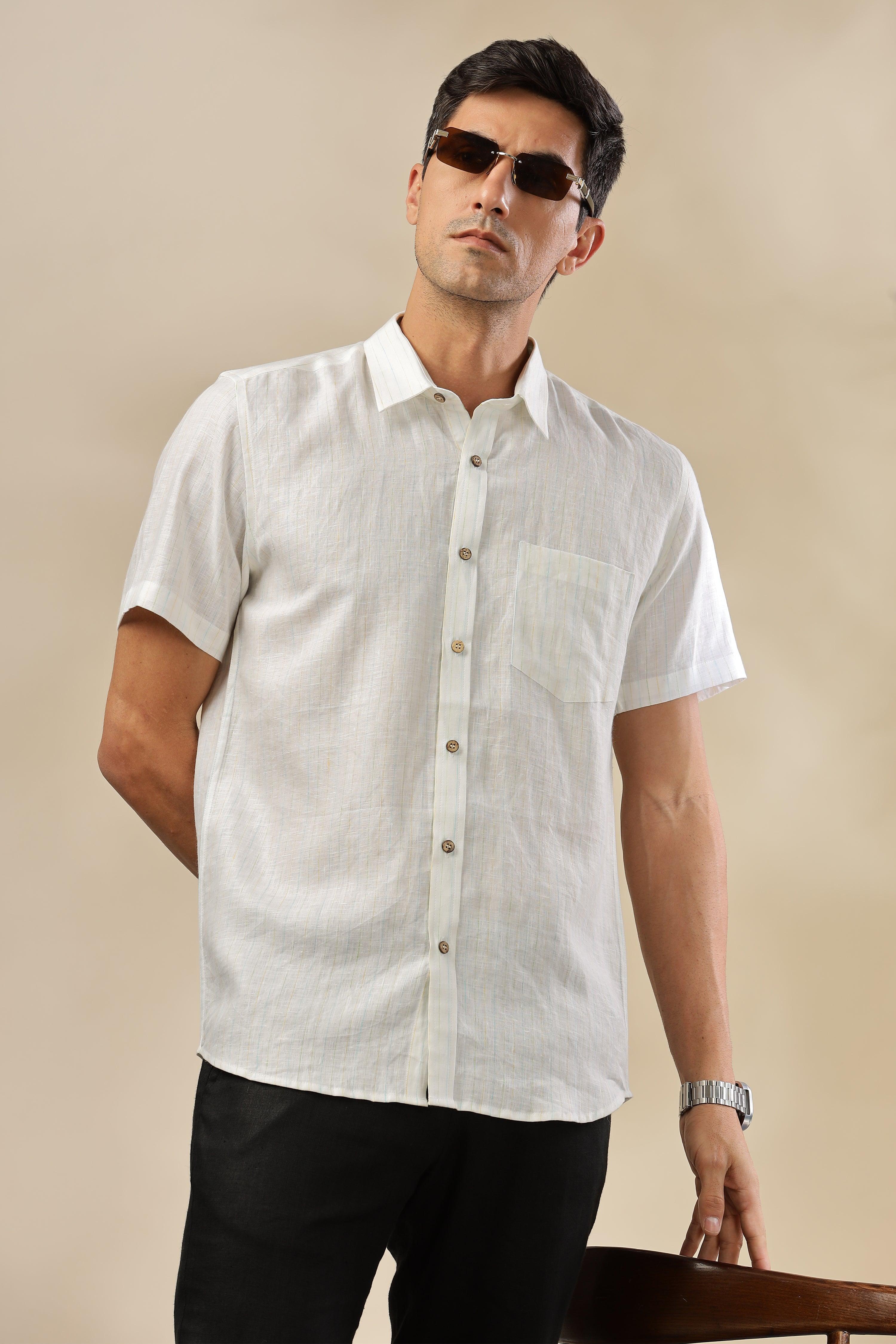 MARK - Everyday Essential 100 % Pure Linen Multi-Colored Stripe Shirt Short Sleeves