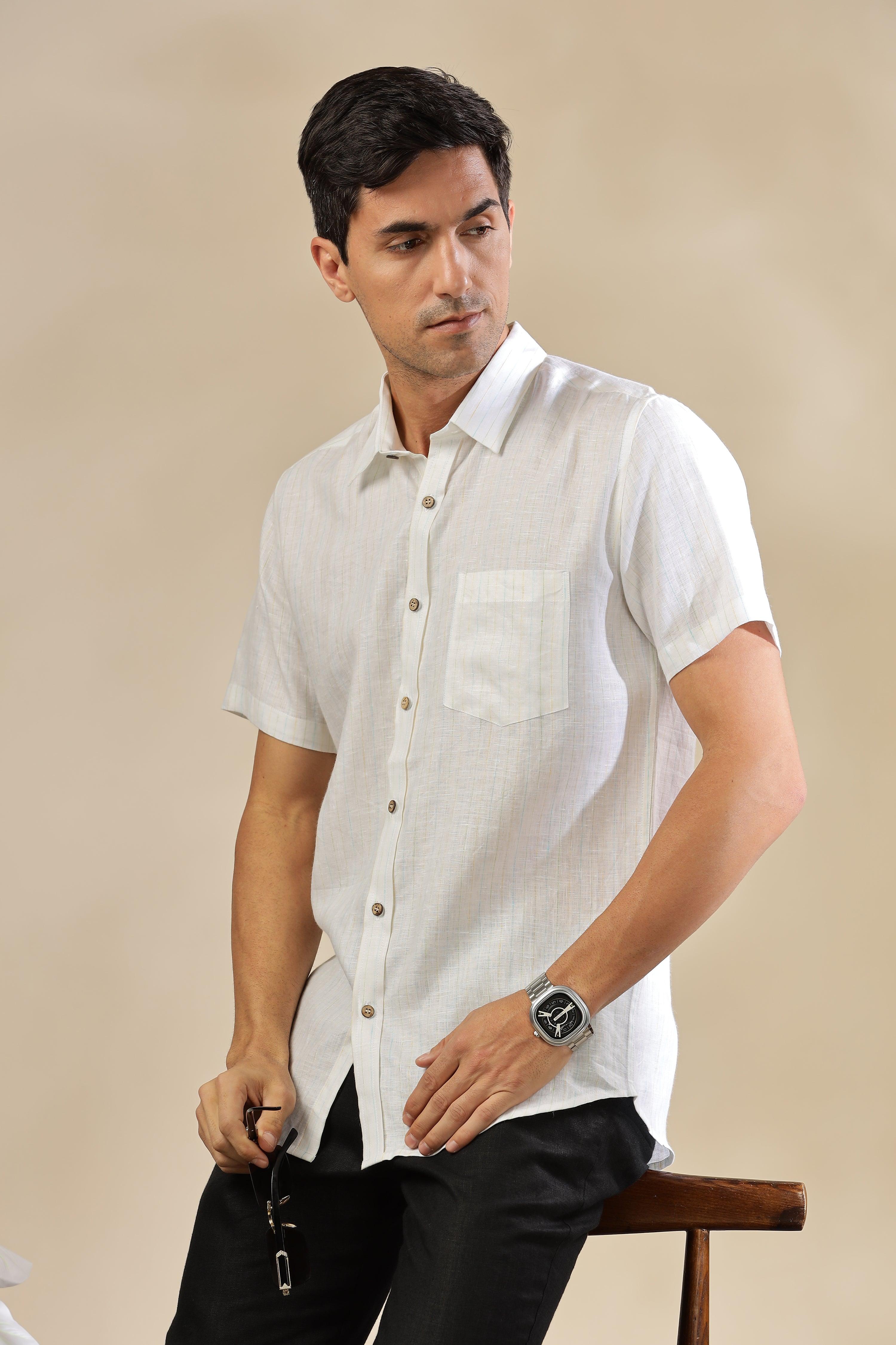 MARK - Everyday Essential 100 % Pure Linen Multi-Colored Stripe Shirt Short Sleeves
