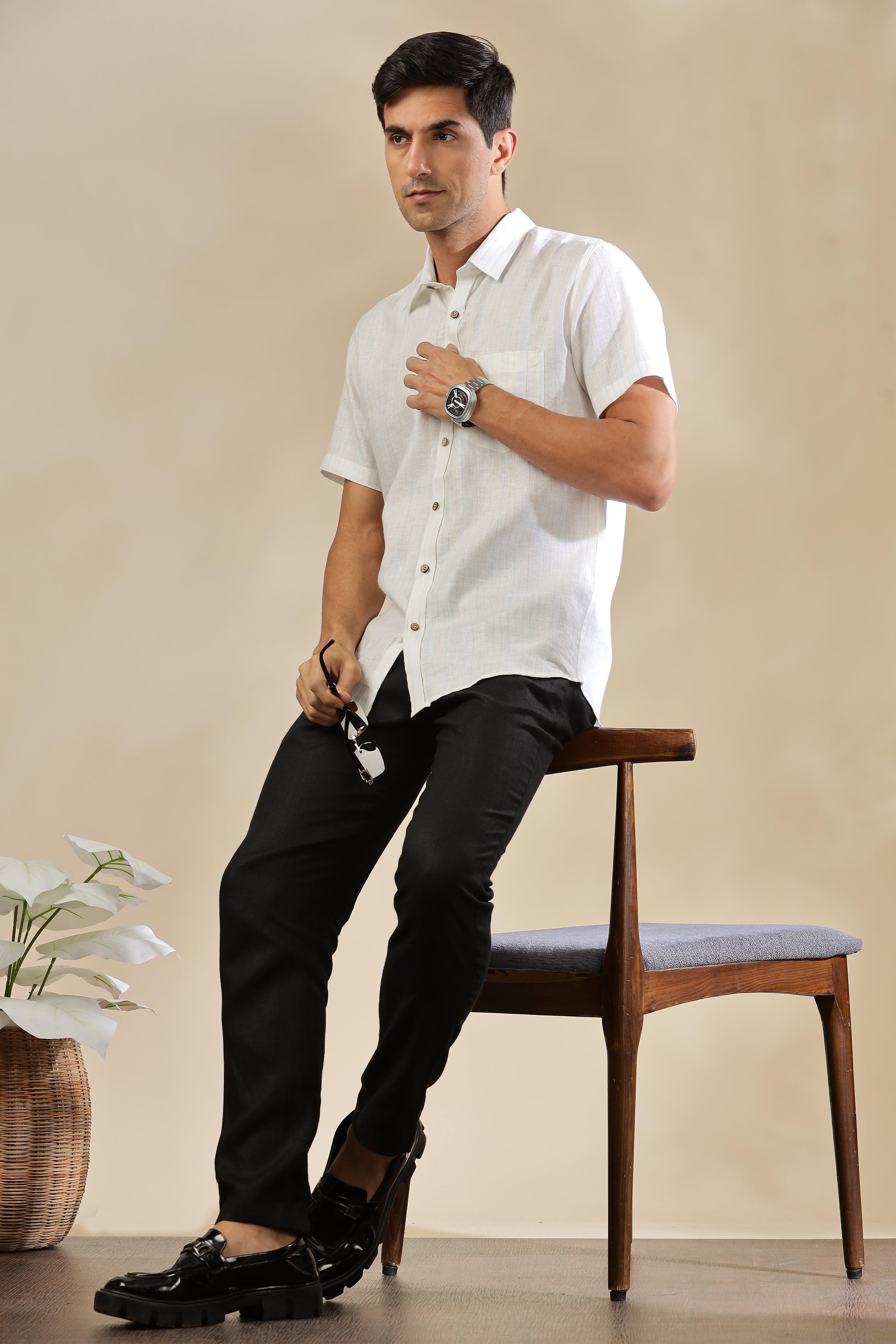 MARK - Everyday Essential 100 % Pure Linen Multi-Colored Stripe Shirt Short Sleeves