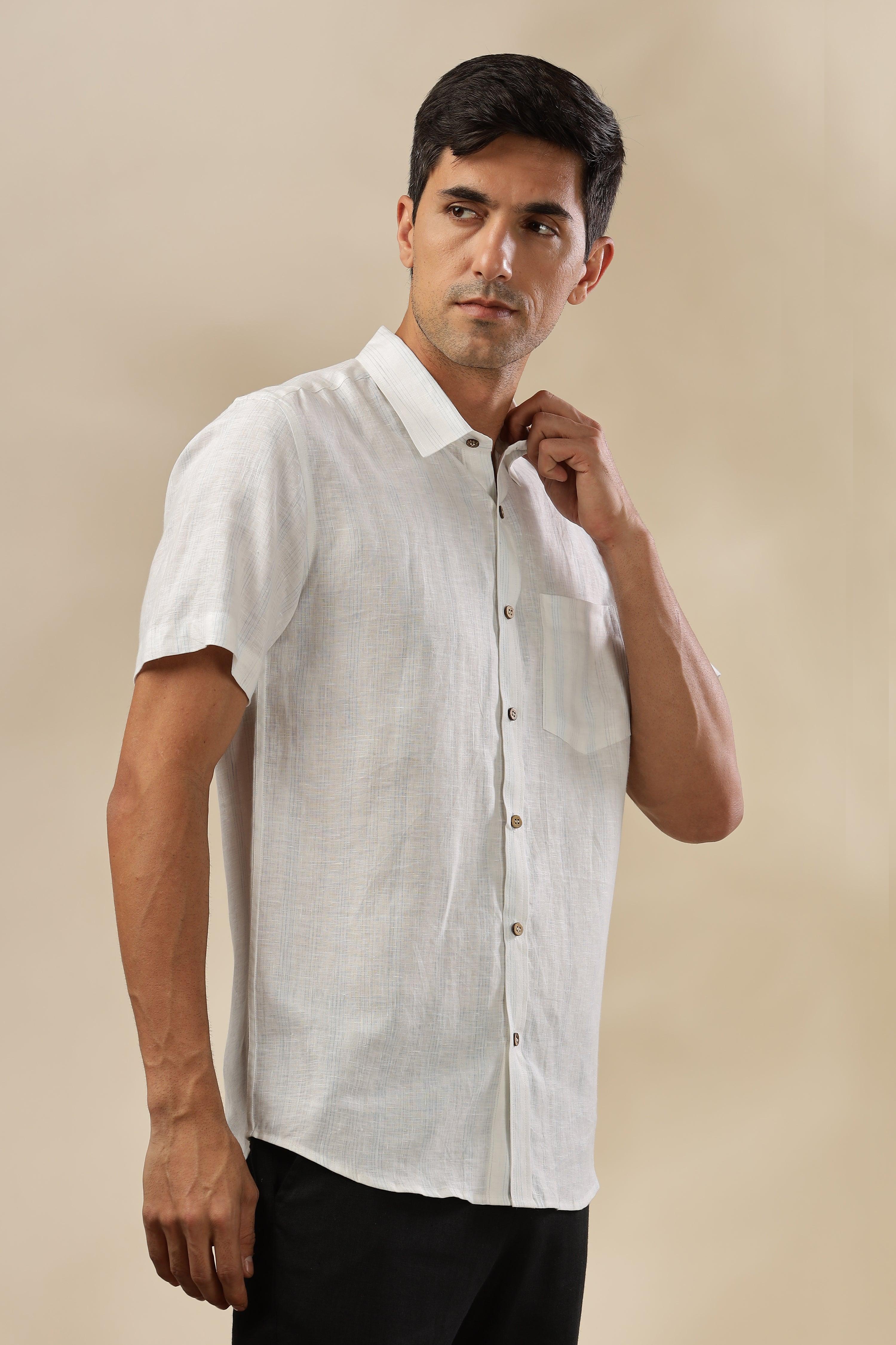 MARK - Everyday Essential 100 % Pure Linen Blue & Grey Stripe Shirt Short Sleeves