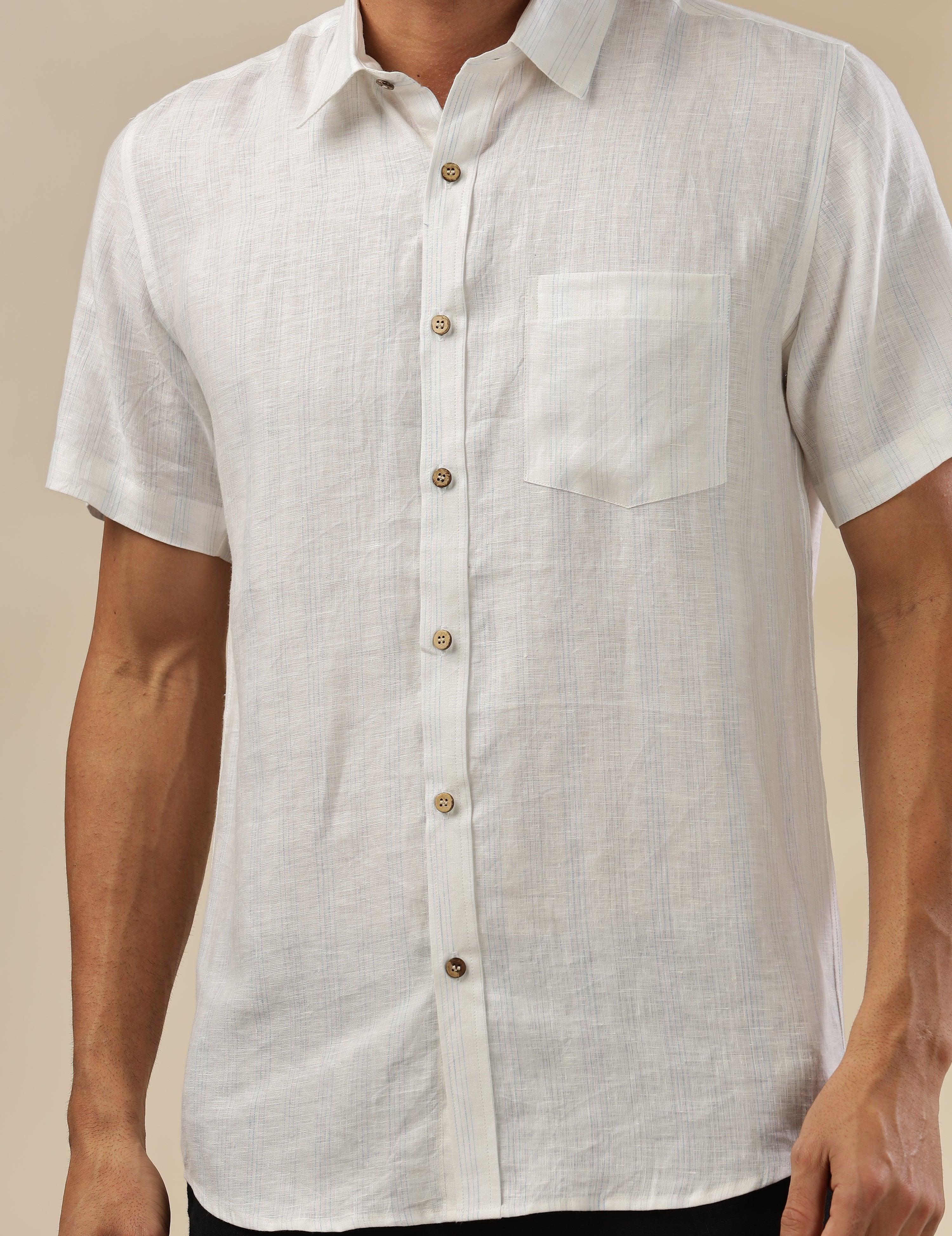 MARK - Everyday Essential 100 % Pure Linen Blue & Grey Stripe Shirt Short Sleeves