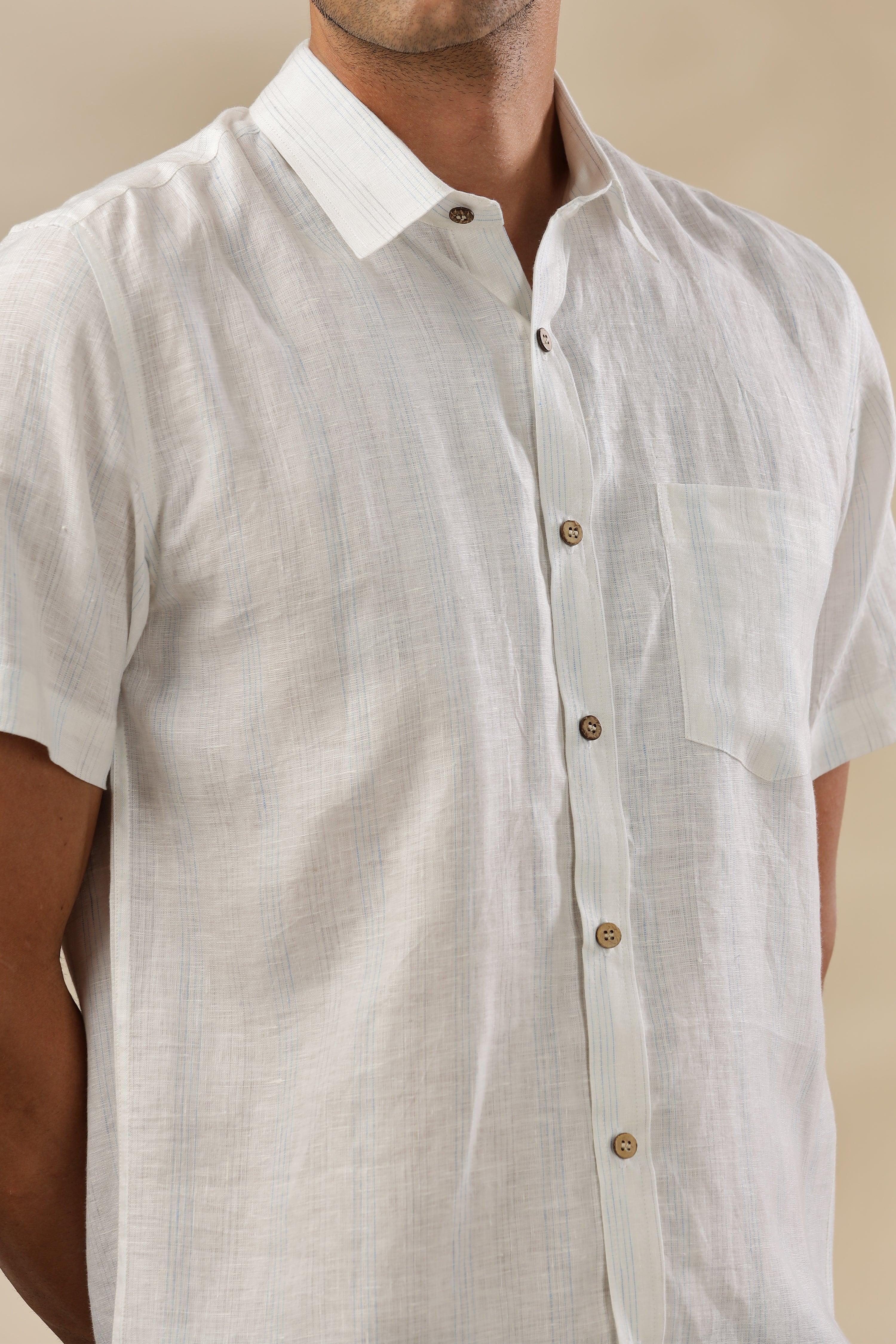 MARK - Everyday Essential 100 % Pure Linen Blue & Grey Stripe Shirt Short Sleeves