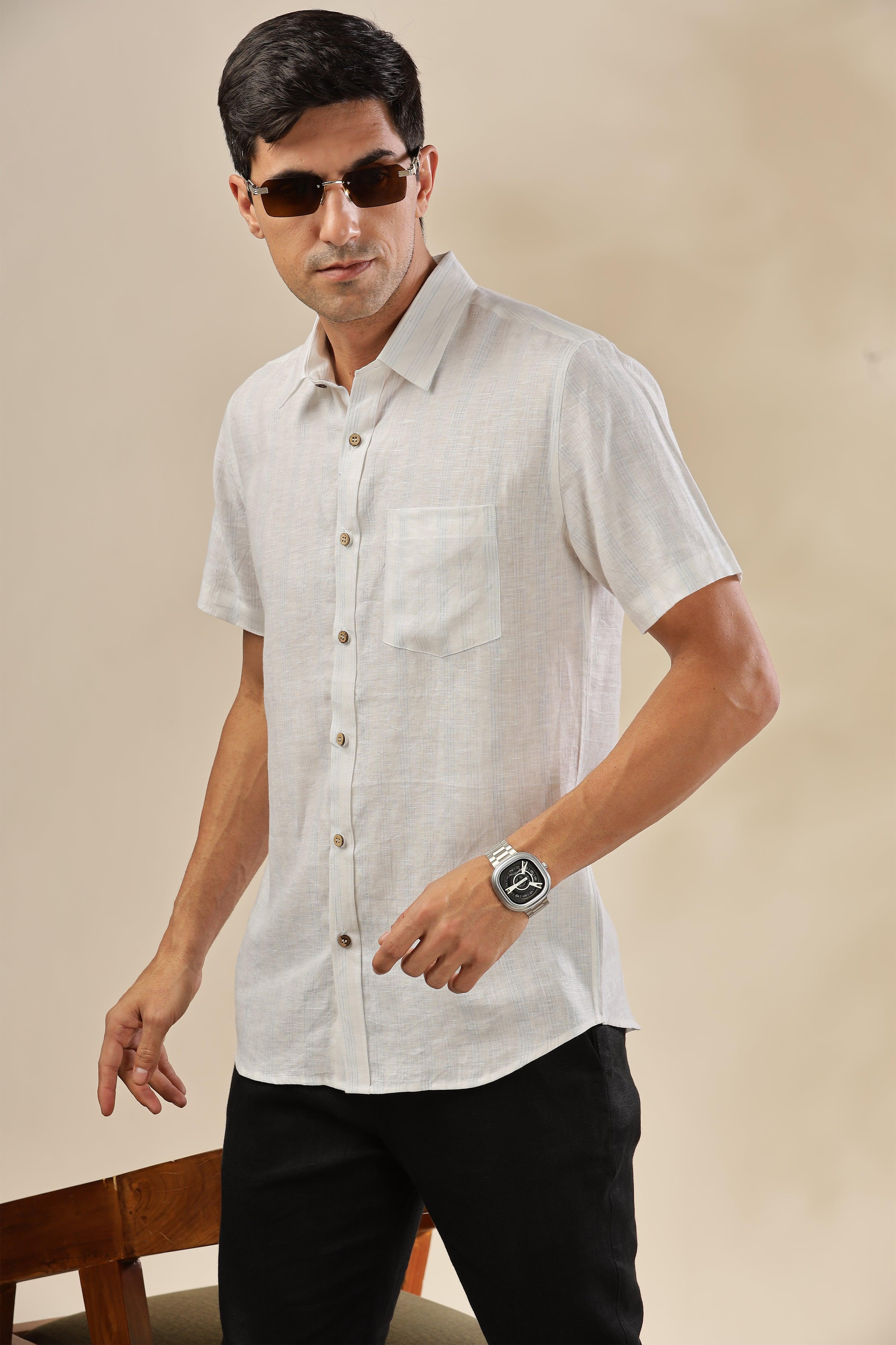 MARK - Everyday Essential 100 % Pure Linen Blue & Grey Stripe Shirt Short Sleeves