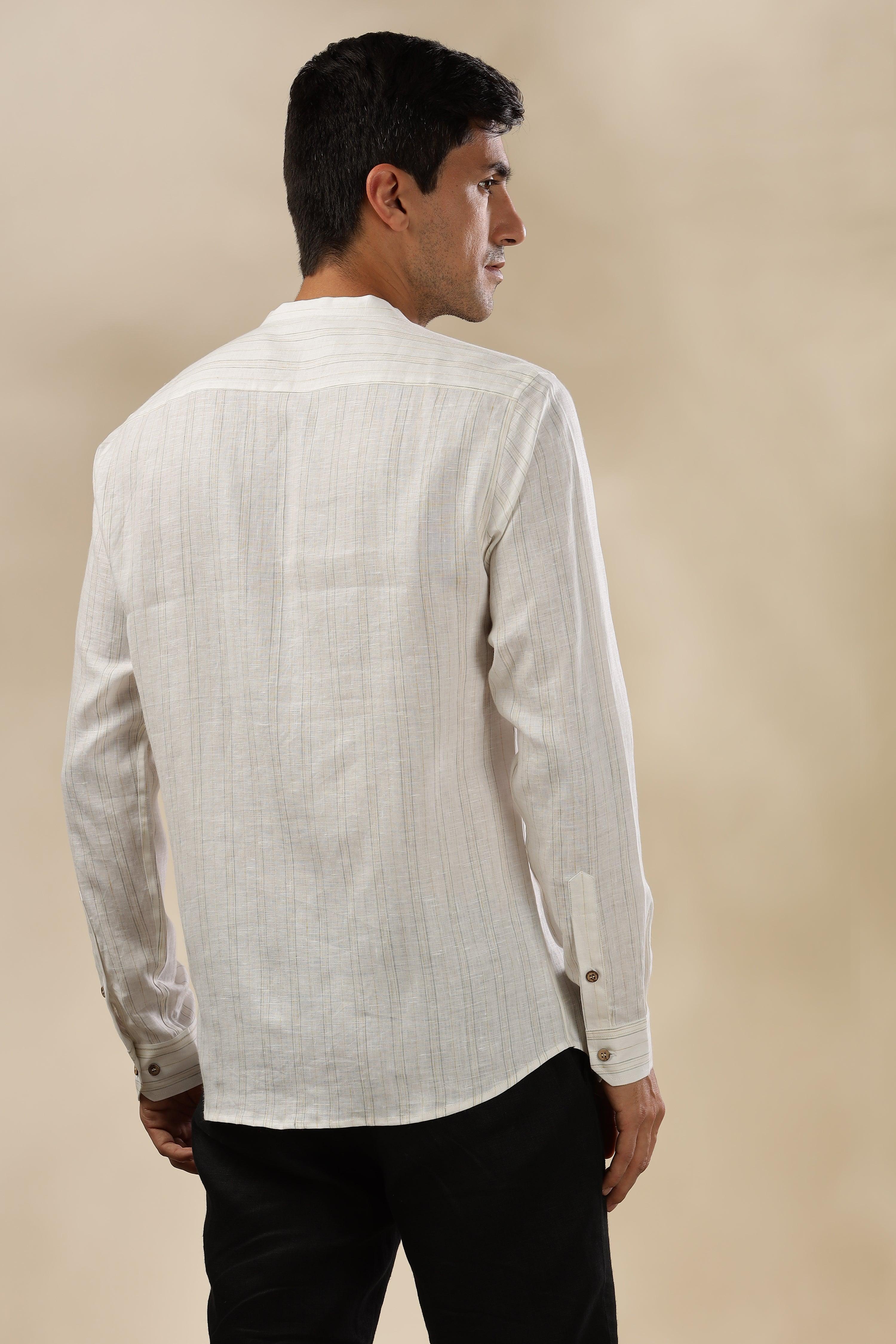 HAN - Pure Linen Mandarin Collar Grey Yellow Stripes Shirt