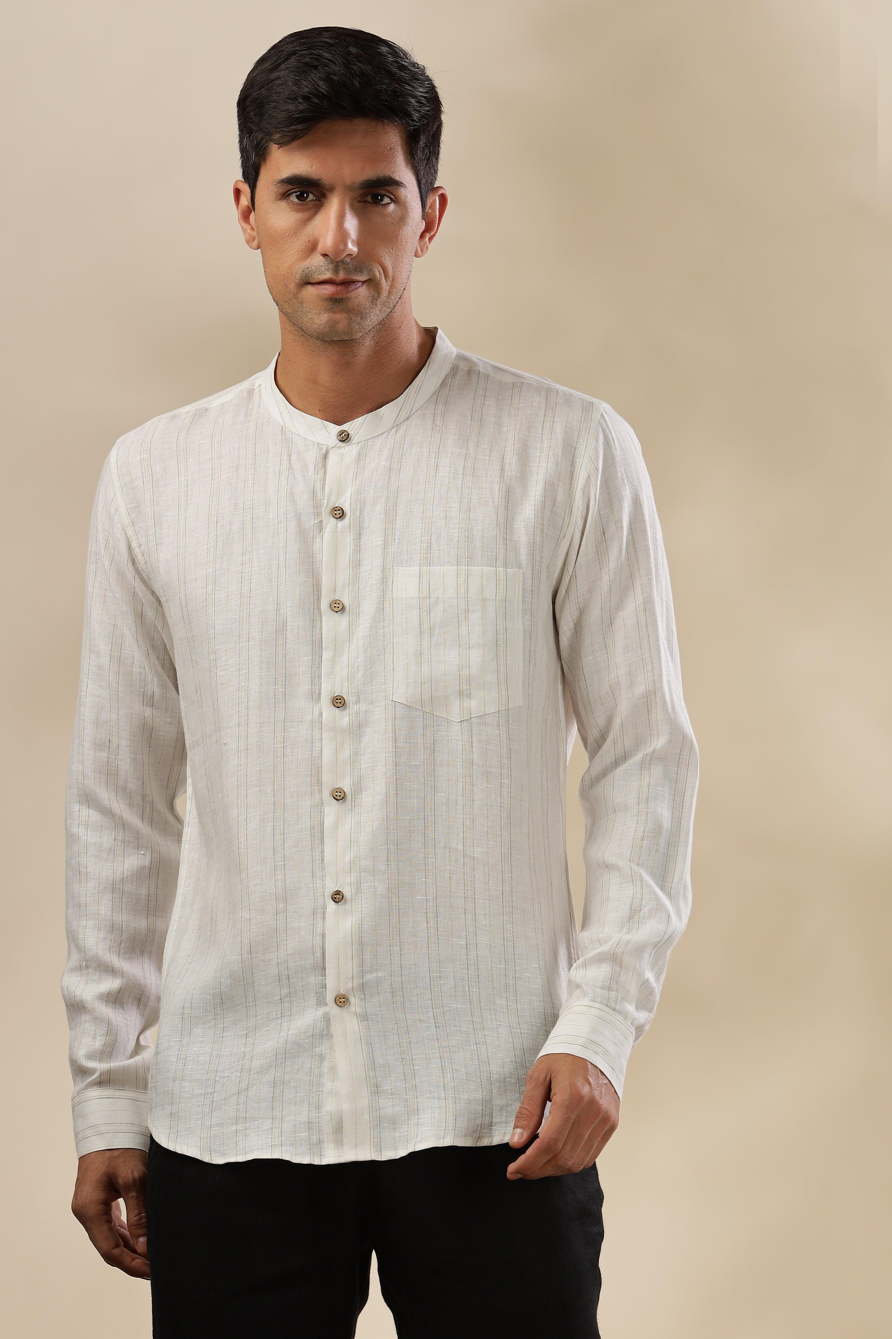 HAN - Pure Linen Mandarin Collar Grey Yellow Stripes Shirt