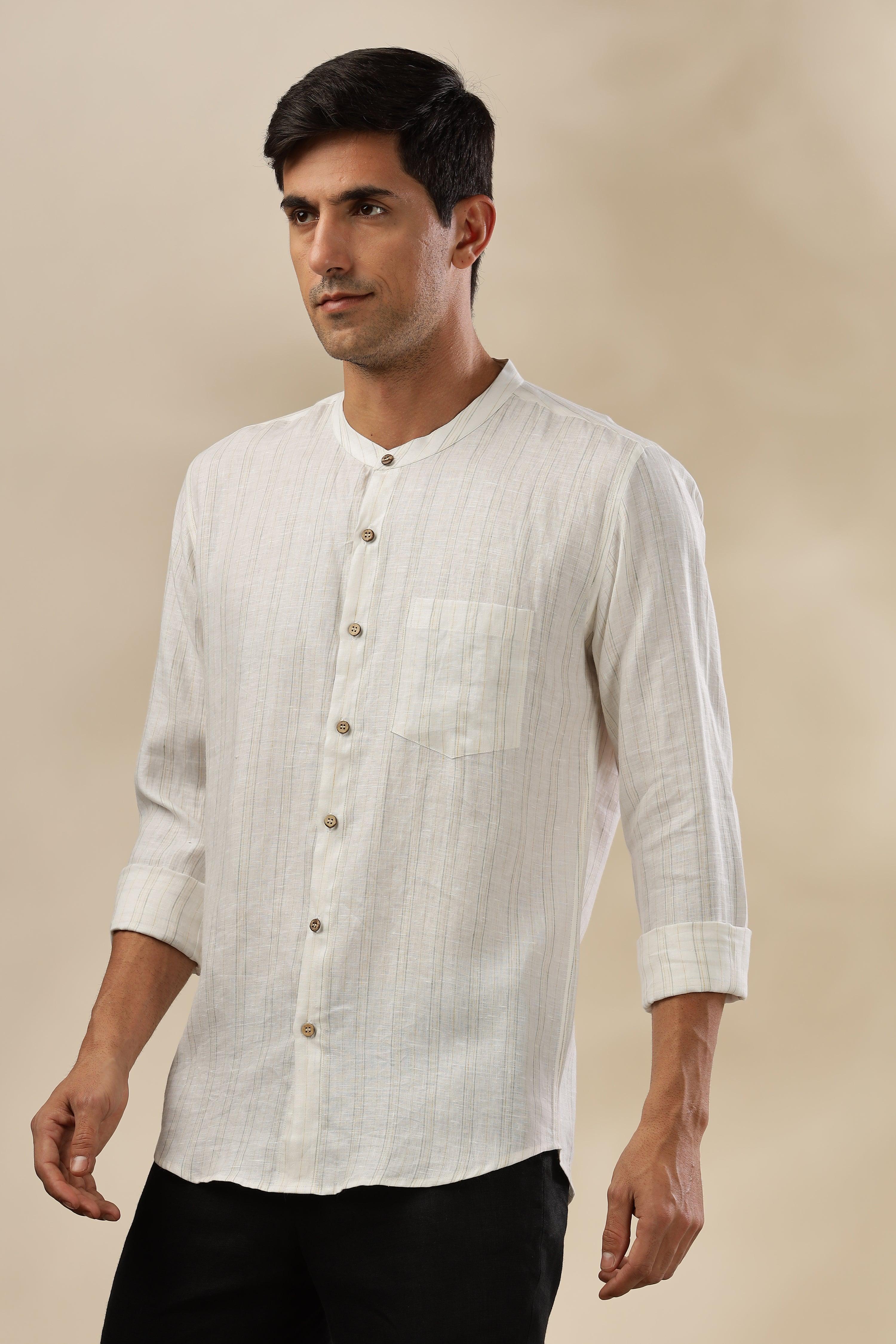 HAN - Pure Linen Mandarin Collar Grey Yellow Stripes Shirt