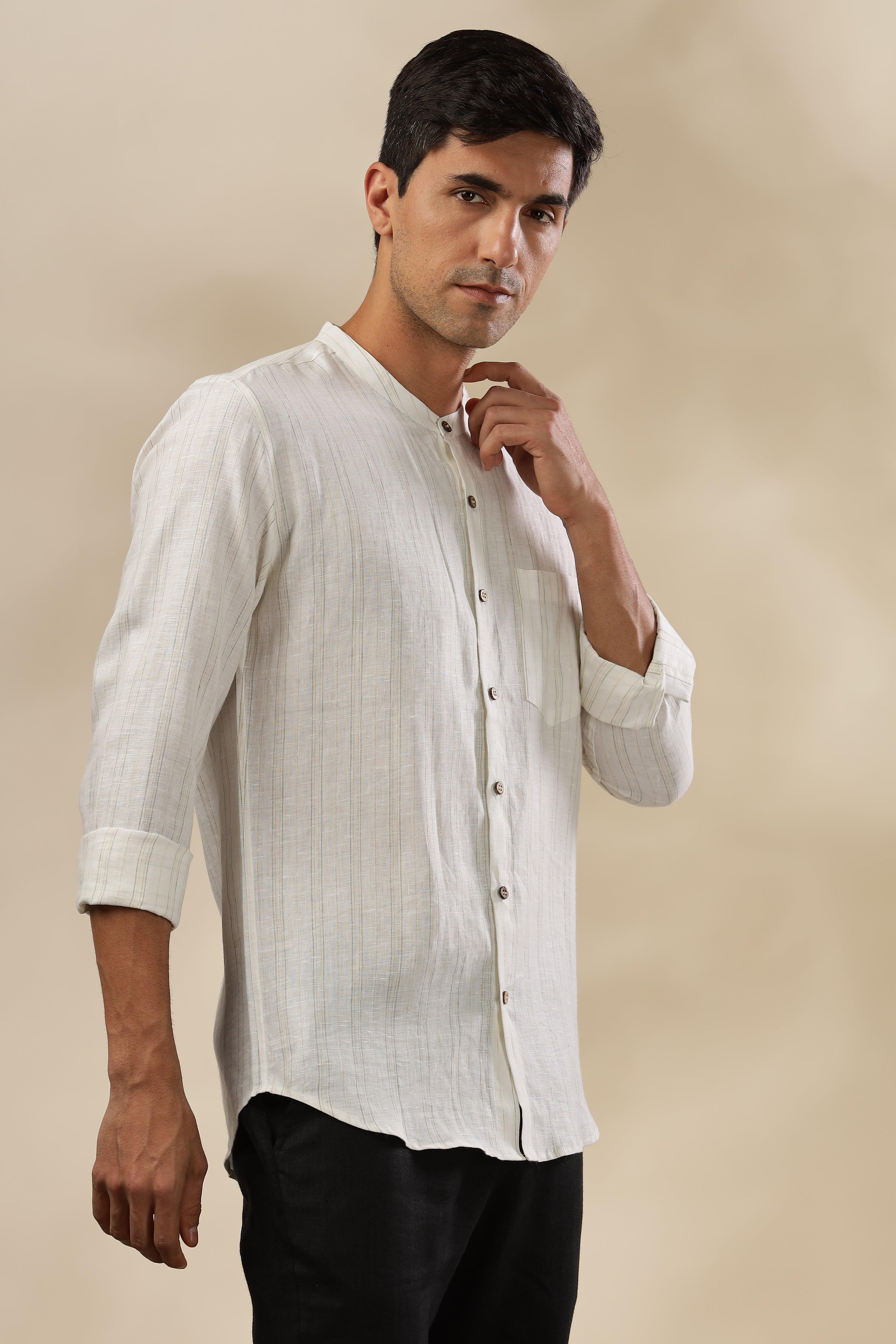 HAN - Pure Linen Mandarin Collar Grey Yellow Stripes Shirt