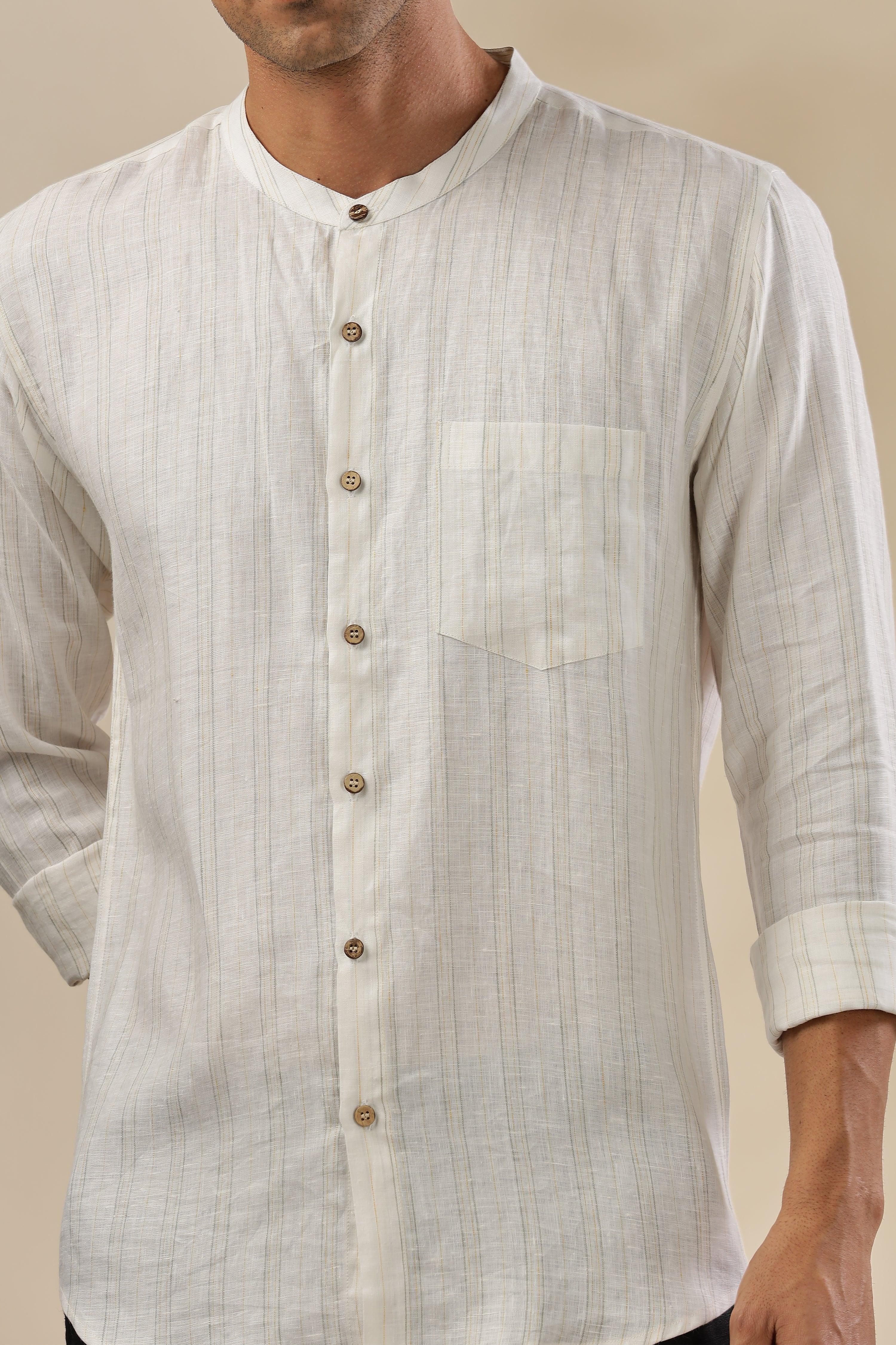 HAN - Pure Linen Mandarin Collar Grey Yellow Stripes Shirt
