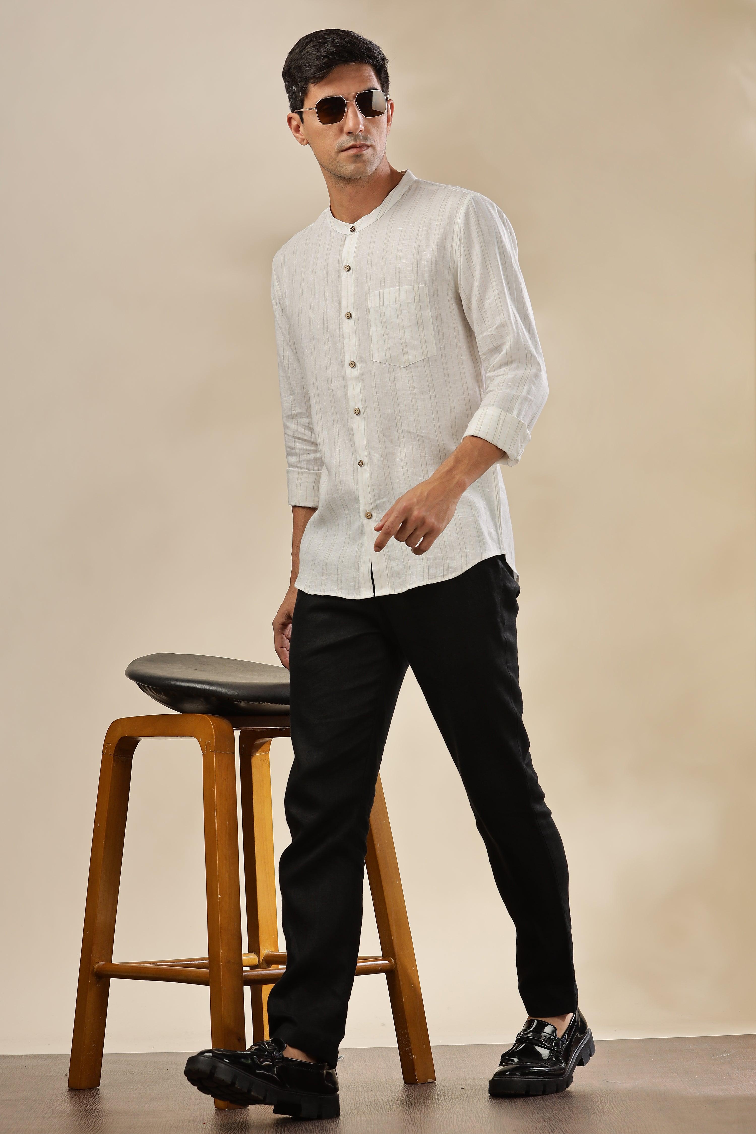 HAN - Pure Linen Mandarin Collar Grey Yellow Stripes Shirt