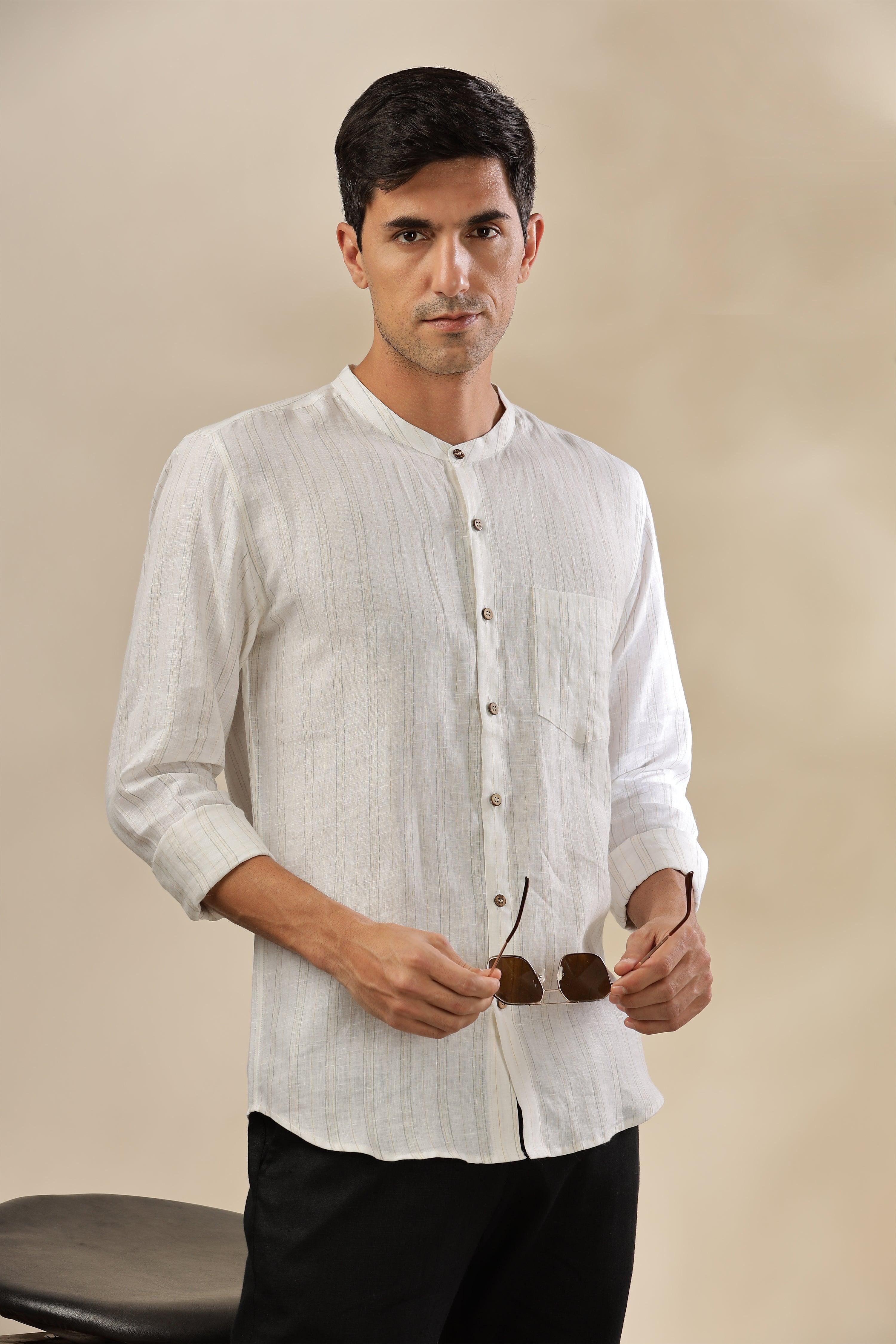 HAN - Pure Linen Mandarin Collar Grey Yellow Stripes Shirt