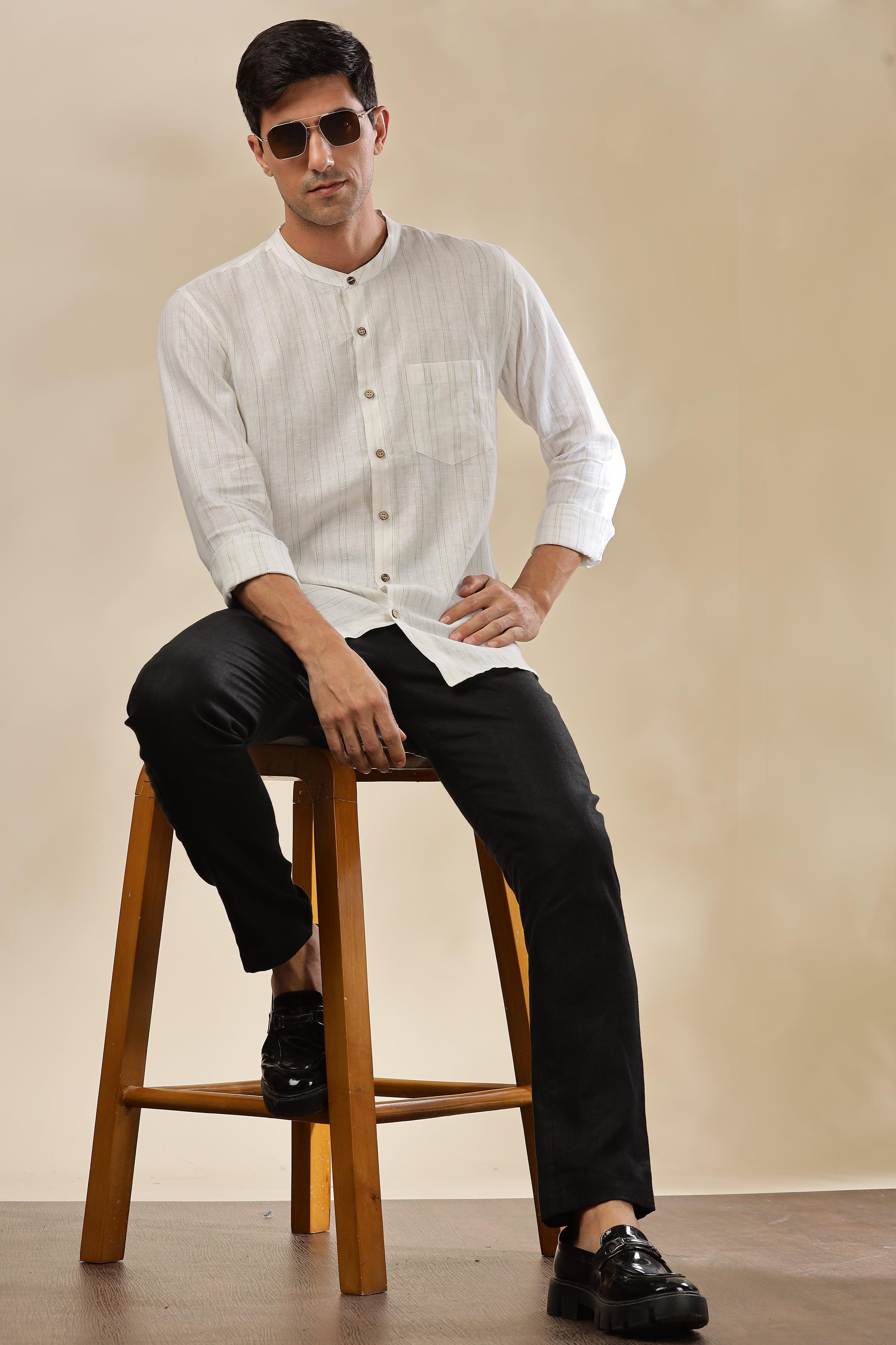 HAN - Pure Linen Mandarin Collar Grey Yellow Stripes Shirt