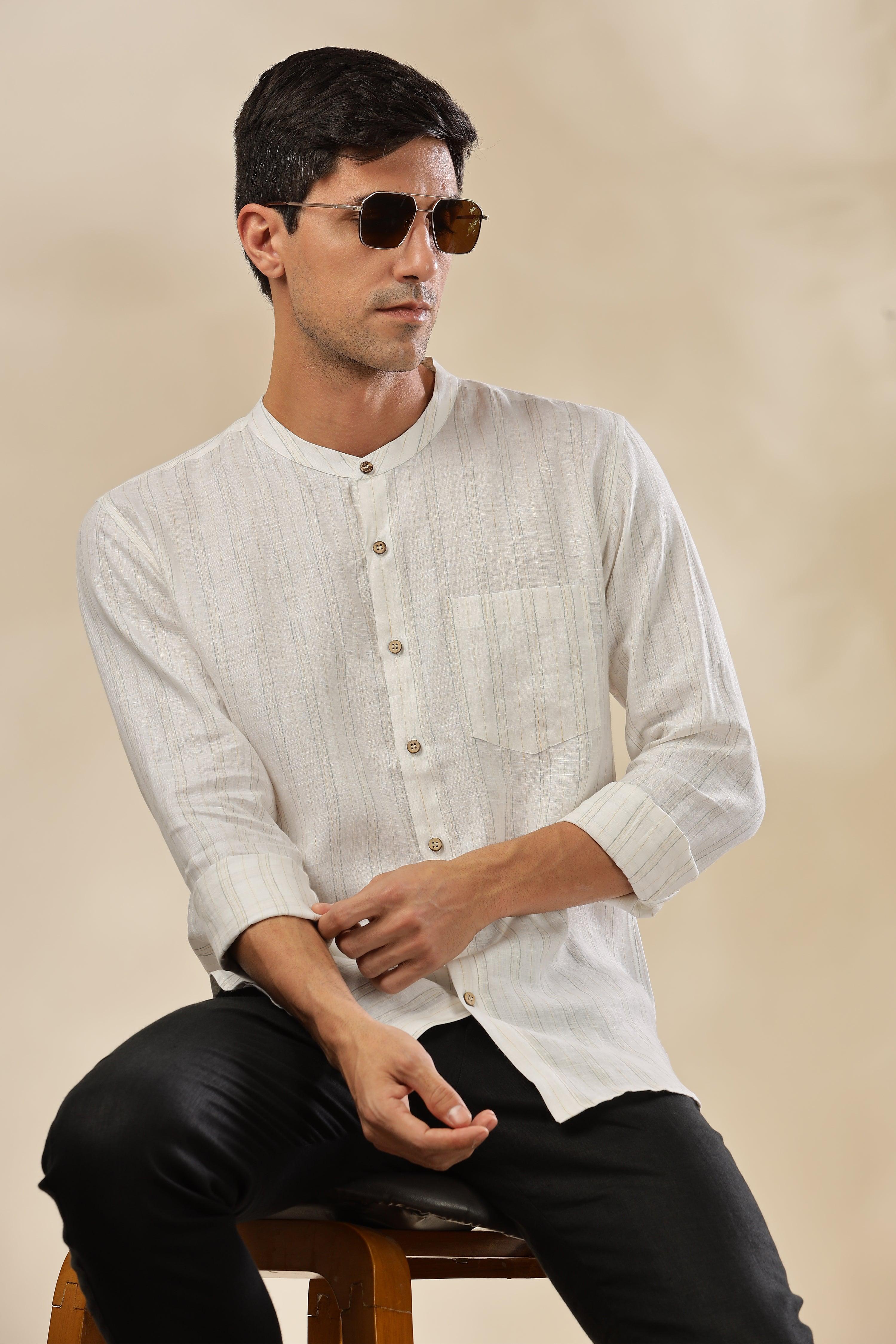 HAN - Pure Linen Mandarin Collar Grey Yellow Stripes Shirt