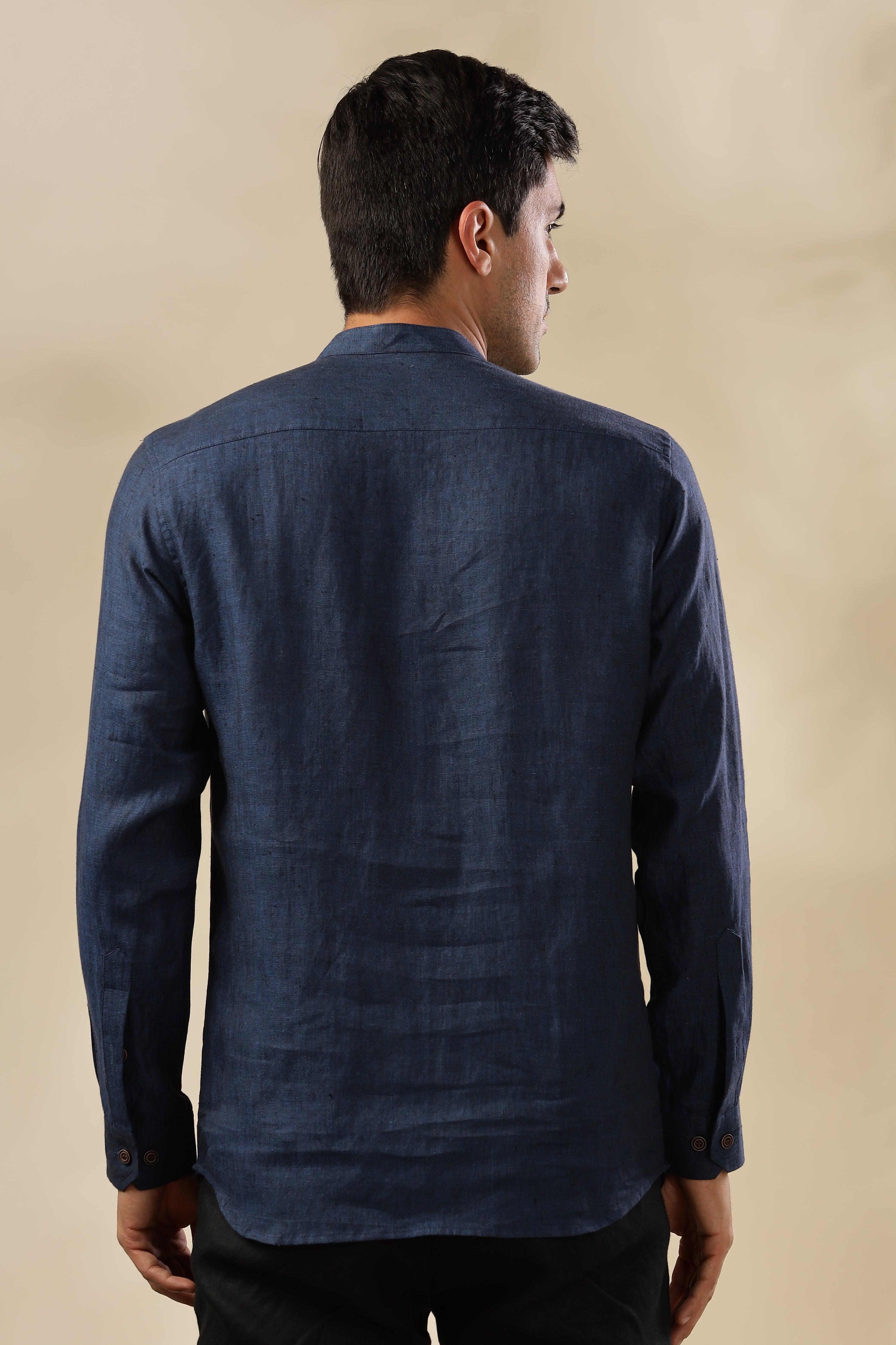 NILE Long Sleeves - 100% Pure Linen Half Placket Dark Blue Chambray Shirt