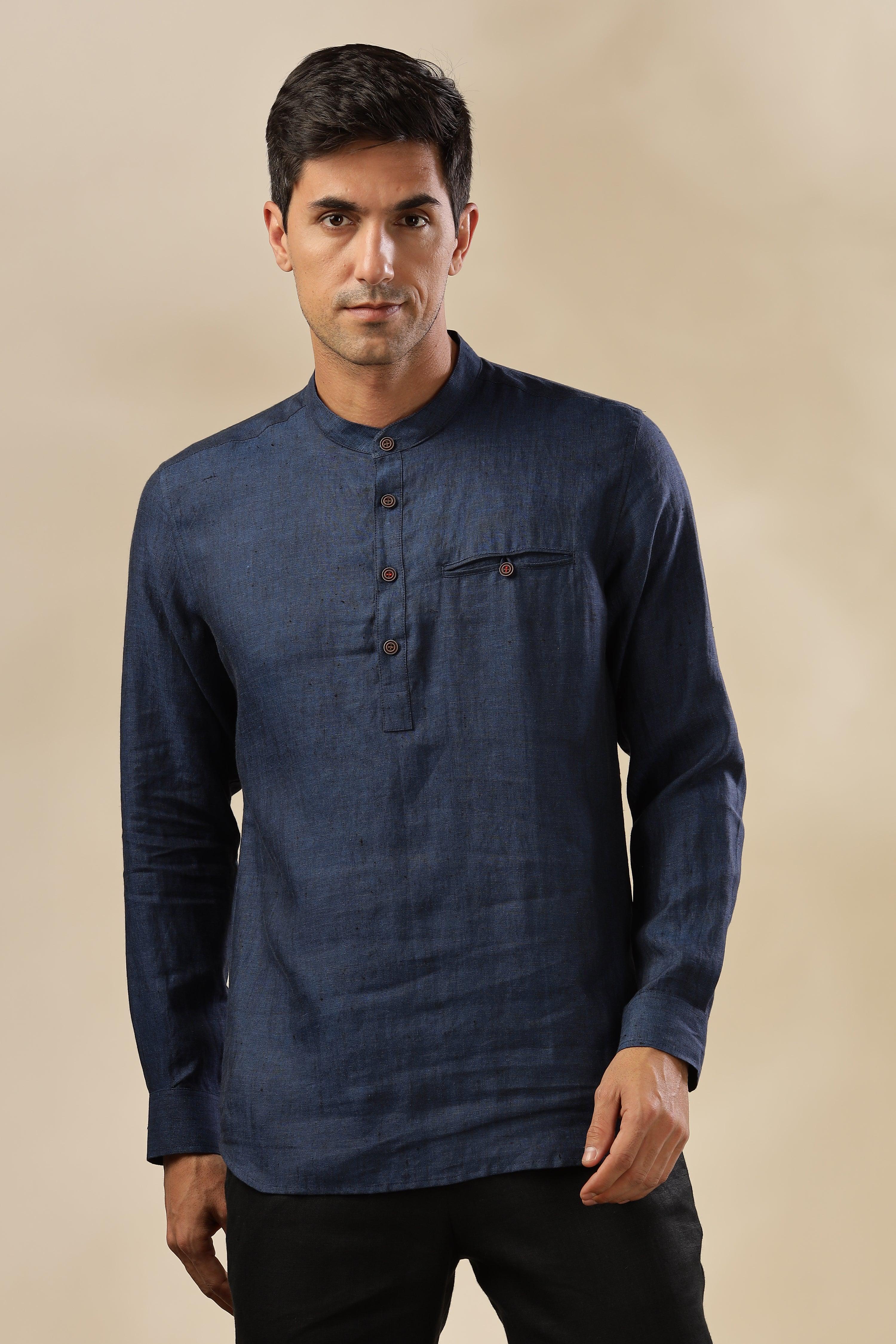 NILE Long Sleeves - 100% Pure Linen Half Placket Dark Blue Chambray Shirt