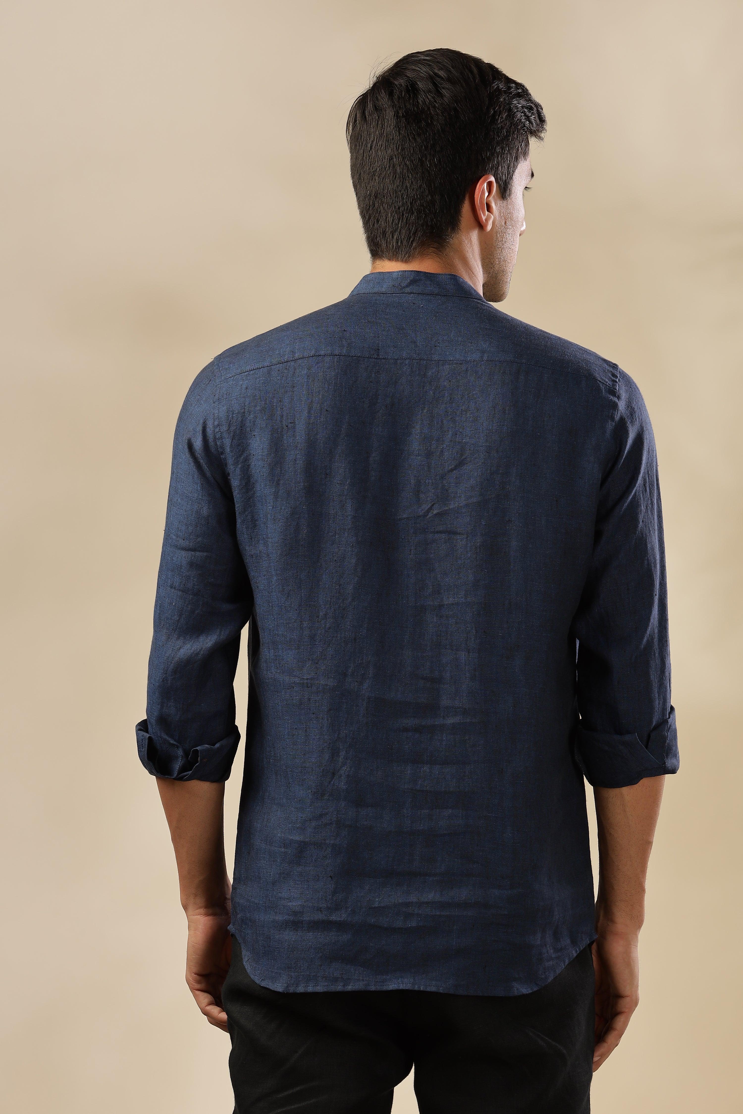 NILE Long Sleeves - 100% Pure Linen Half Placket Dark Blue Chambray Shirt