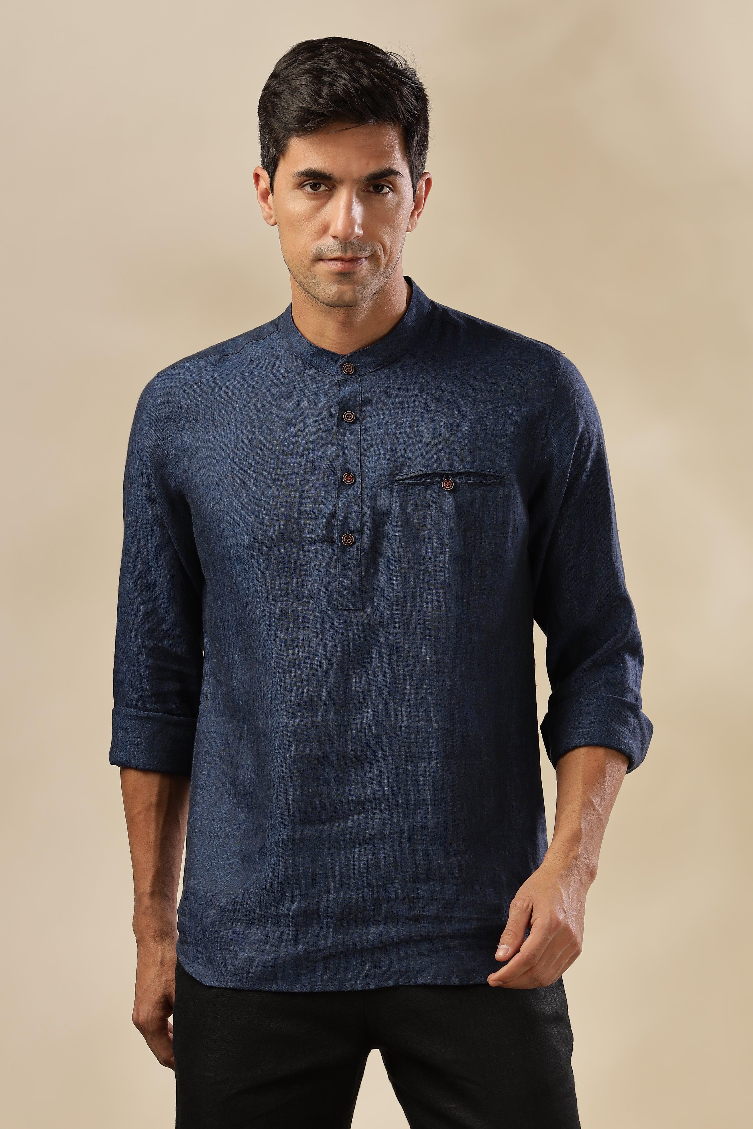 NILE Long Sleeves - 100% Pure Linen Half Placket Dark Blue Chambray Shirt