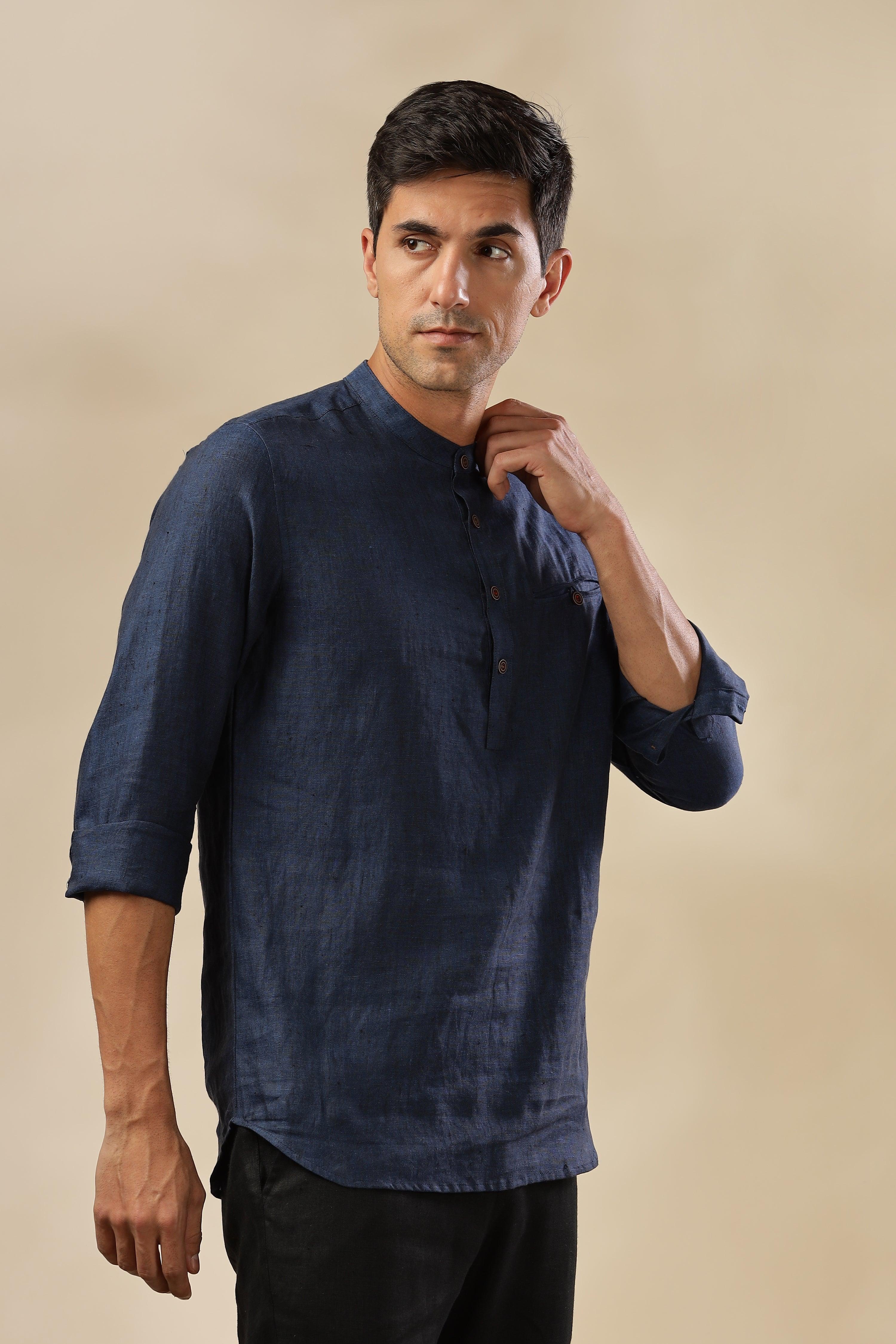 NILE Long Sleeves - 100% Pure Linen Half Placket Dark Blue Chambray Shirt