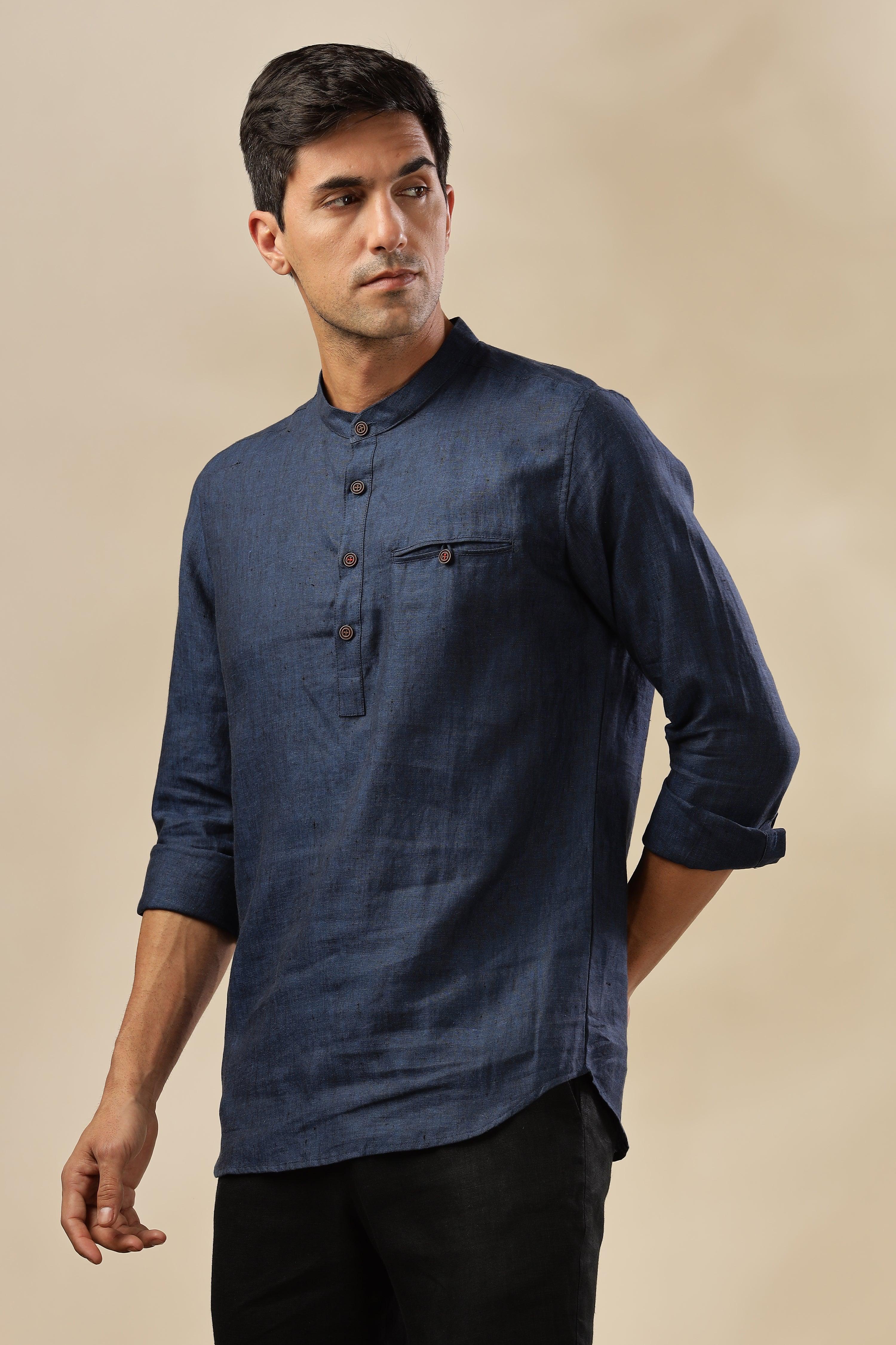 NILE Long Sleeves - 100% Pure Linen Half Placket Dark Blue Chambray Shirt