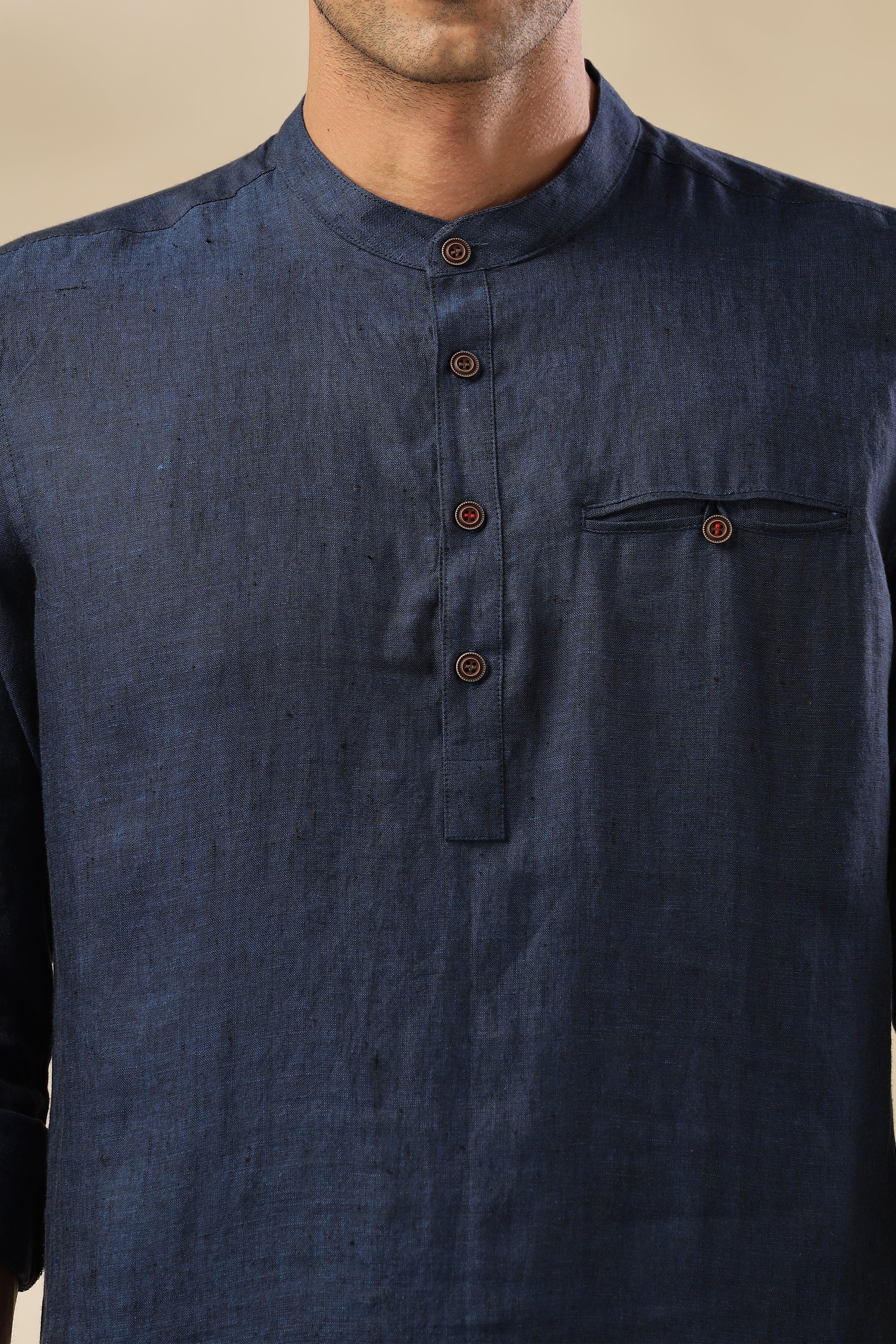 NILE Long Sleeves - 100% Pure Linen Half Placket Dark Blue Chambray Shirt