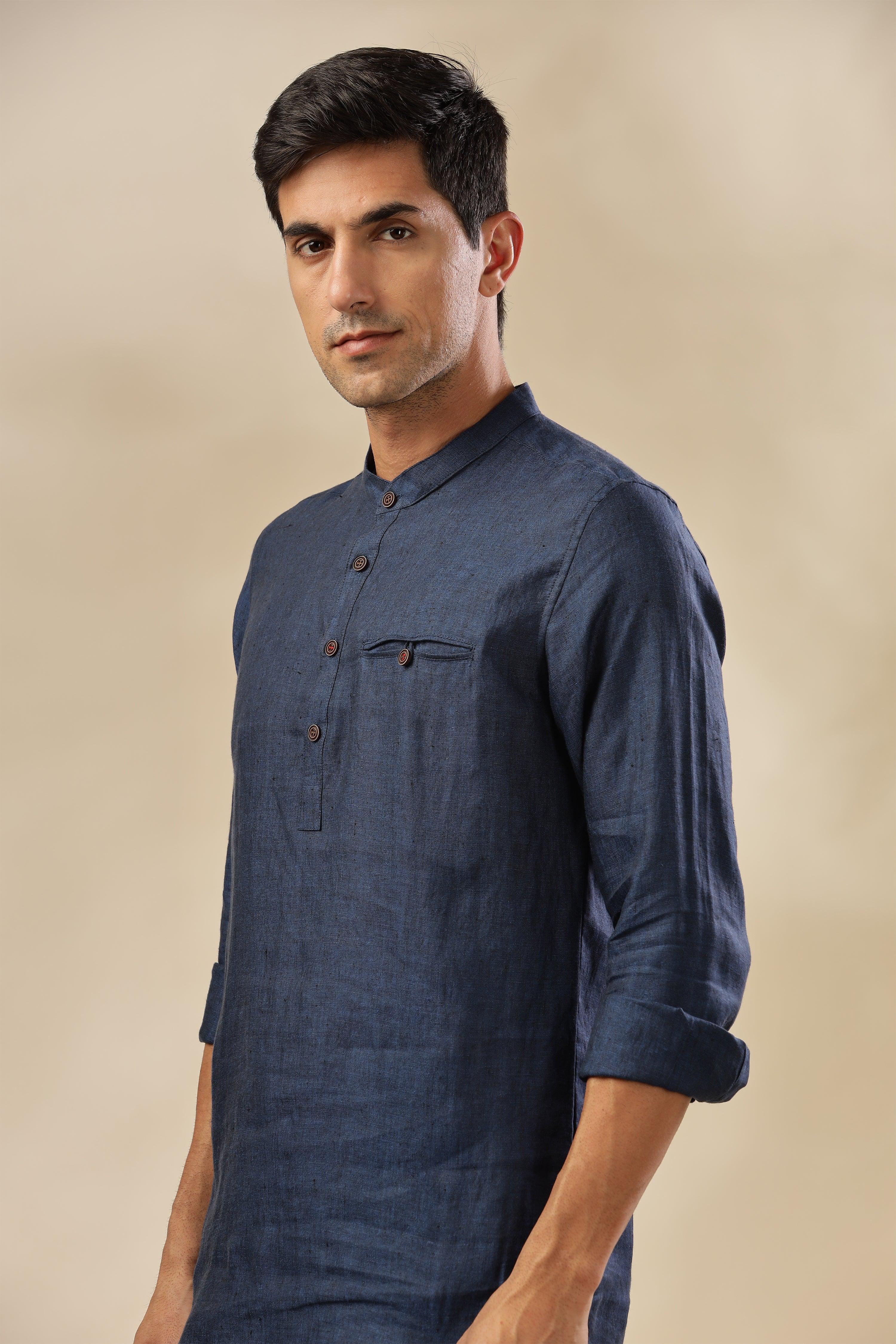 NILE Long Sleeves - 100% Pure Linen Half Placket Dark Blue Chambray Shirt