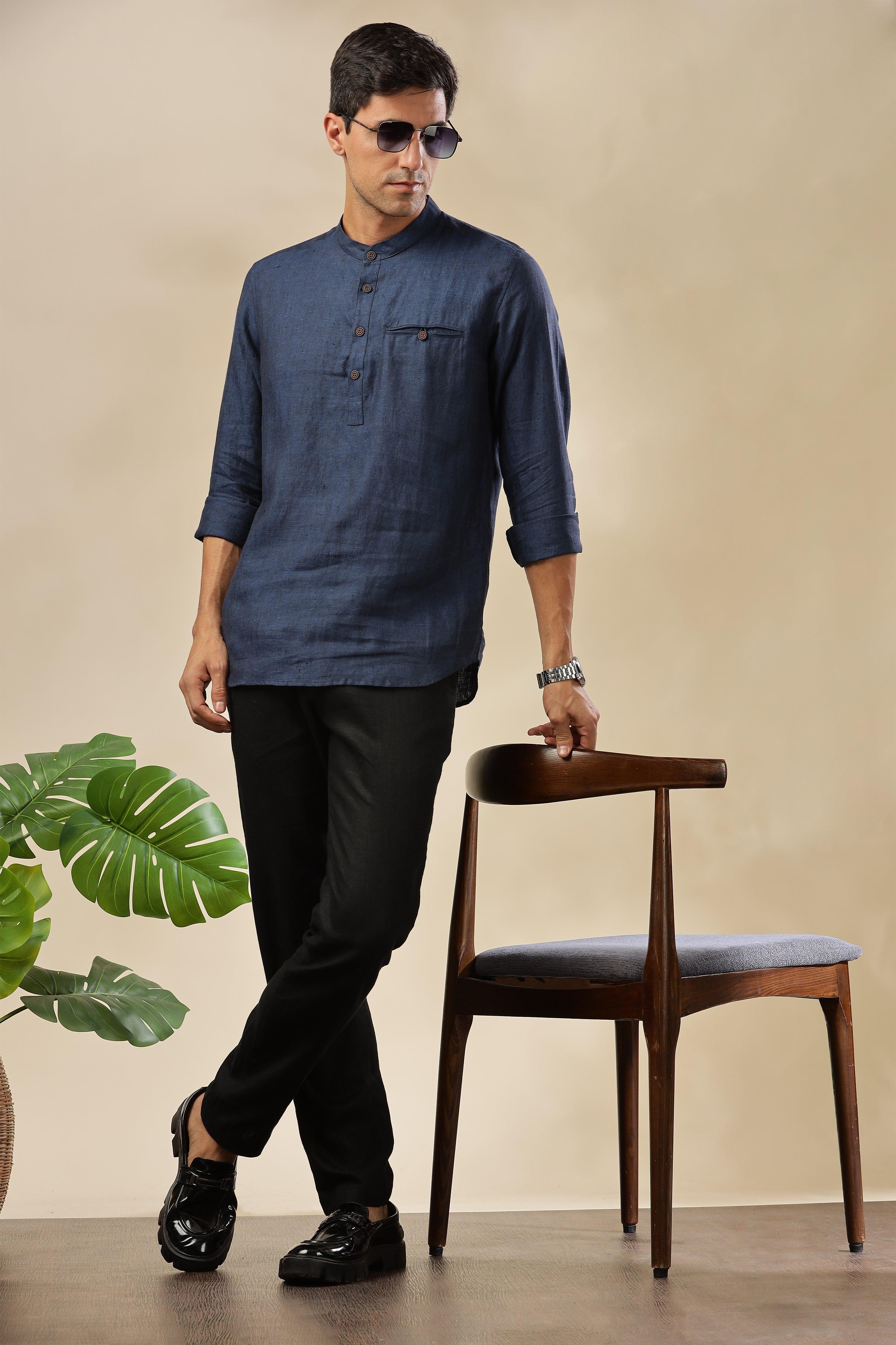 NILE Long Sleeves - 100% Pure Linen Half Placket Dark Blue Chambray Shirt