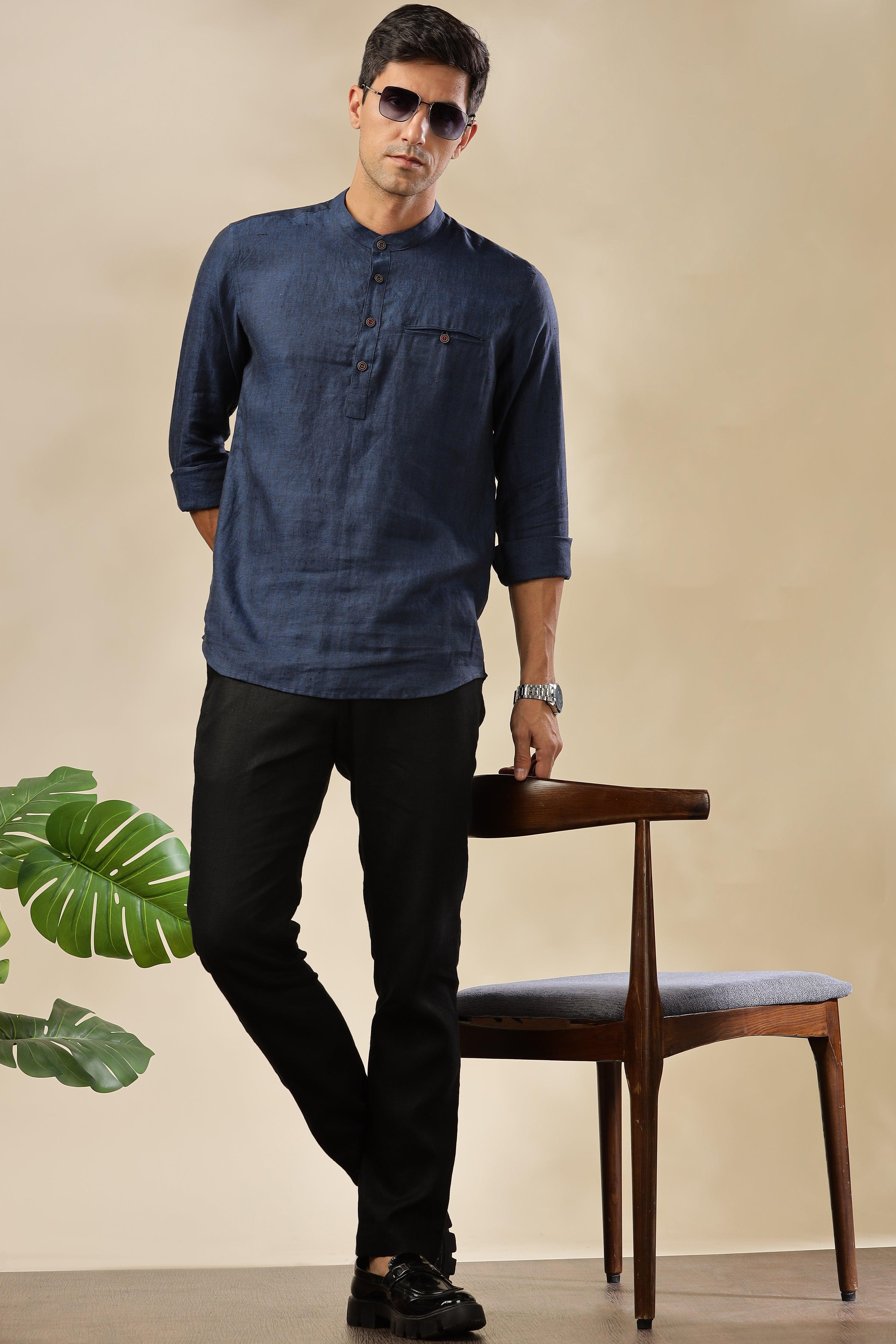 NILE Long Sleeves - 100% Pure Linen Half Placket Dark Blue Chambray Shirt