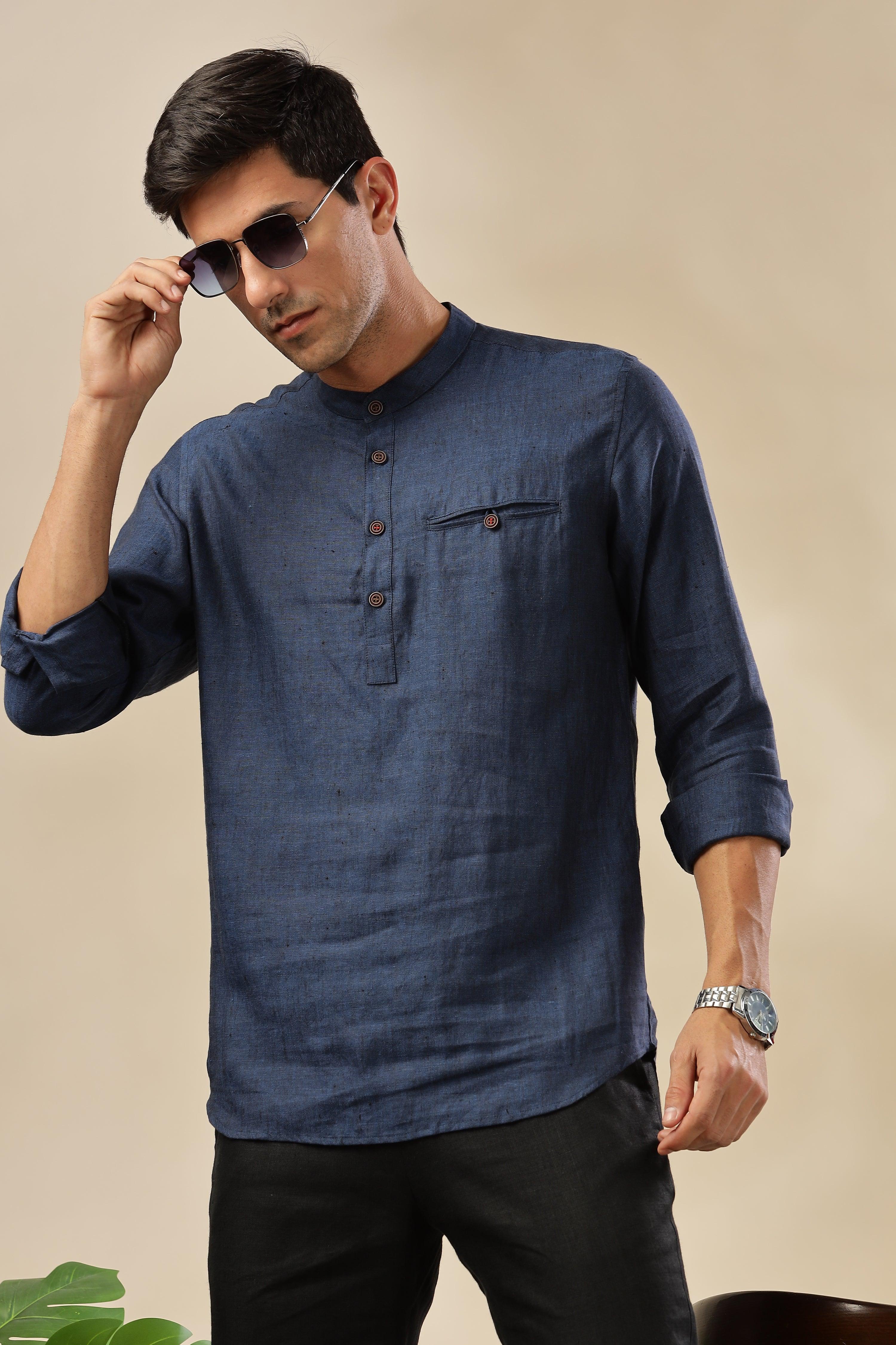 NILE Long Sleeves - 100% Pure Linen Half Placket Dark Blue Chambray Shirt