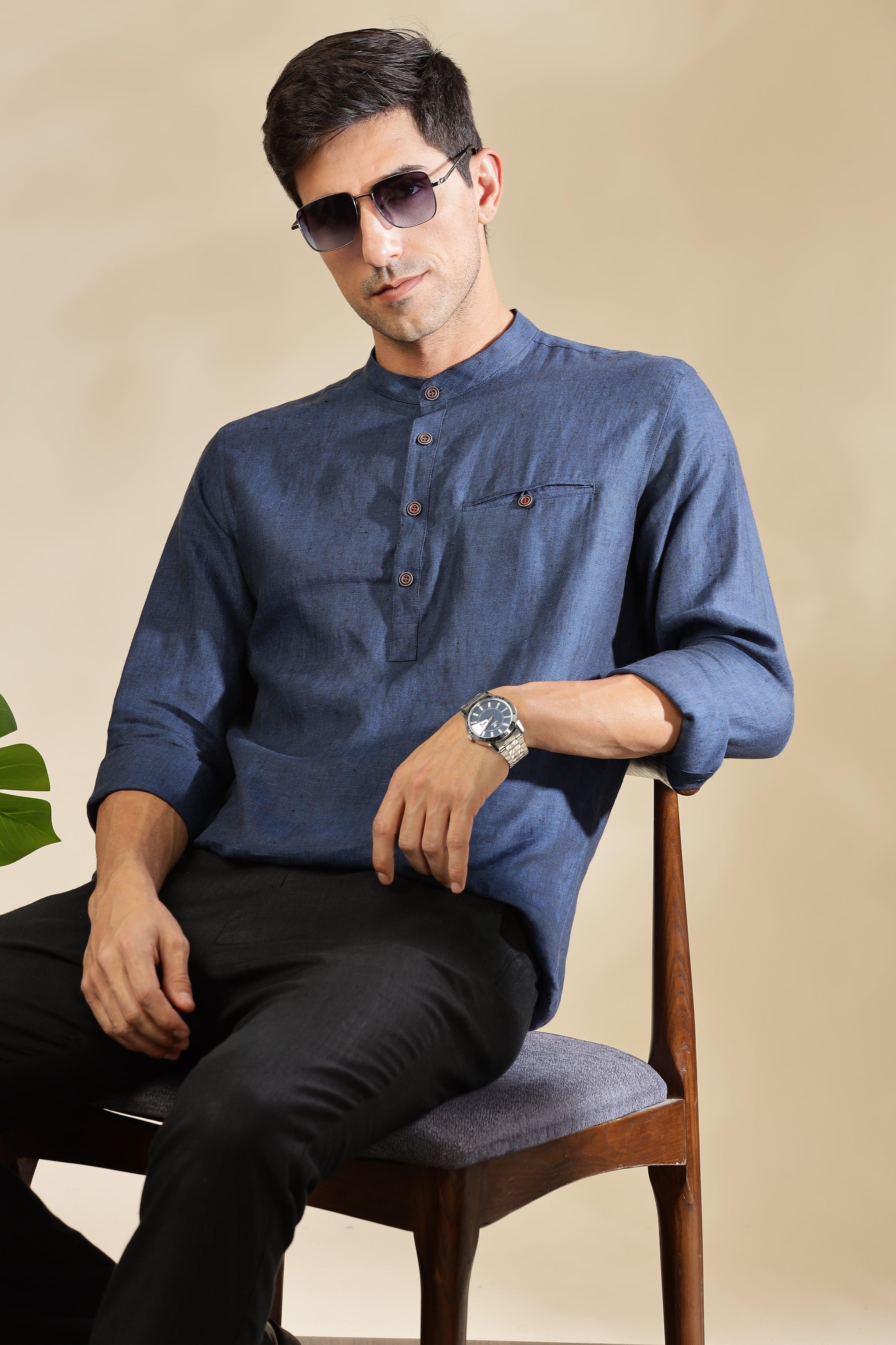 NILE Long Sleeves - 100% Pure Linen Half Placket Dark Blue Chambray Shirt